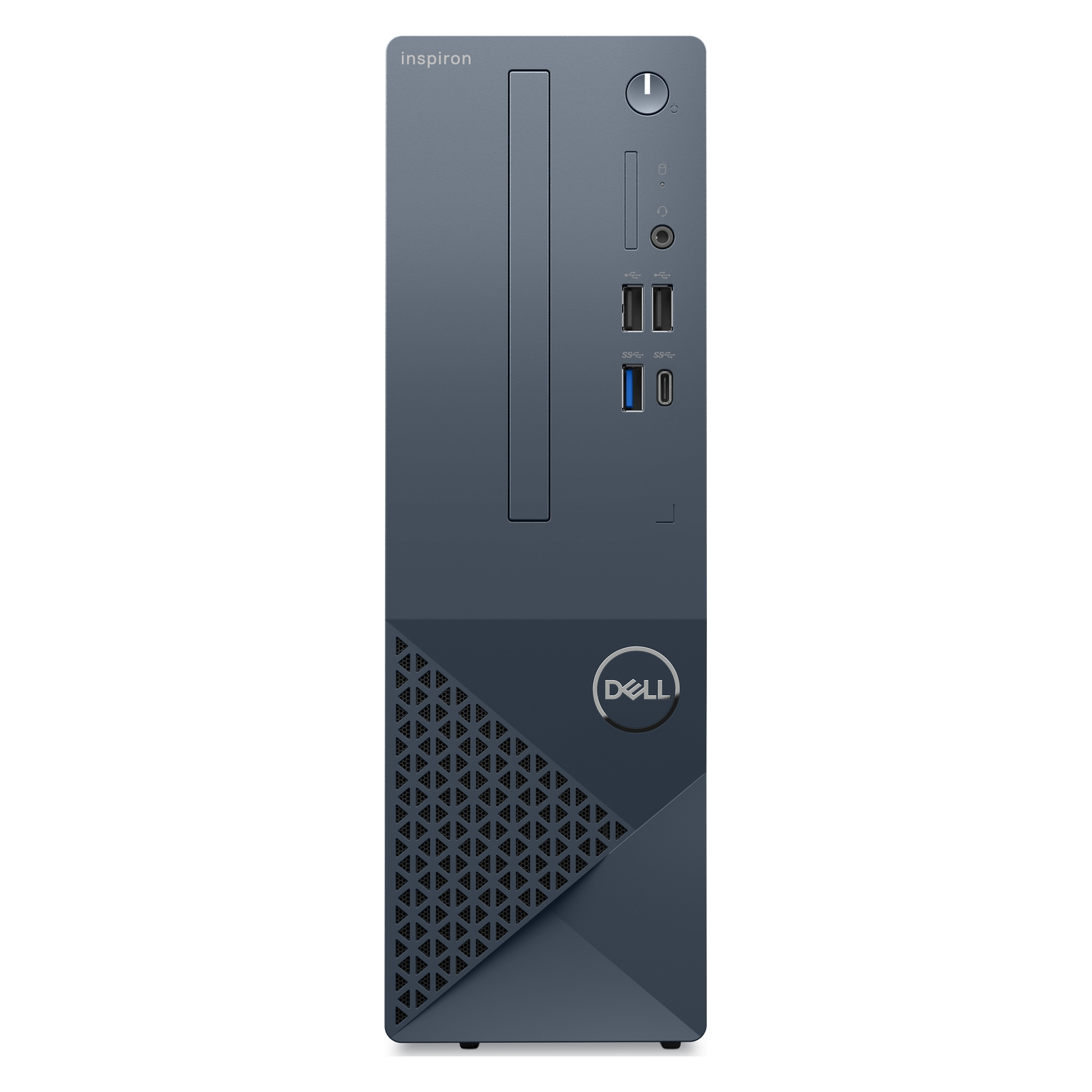 Computer desktop Dell Inspiron grigio scuro. Ha un pulsante di accensione, porte USB e il logo Dell.