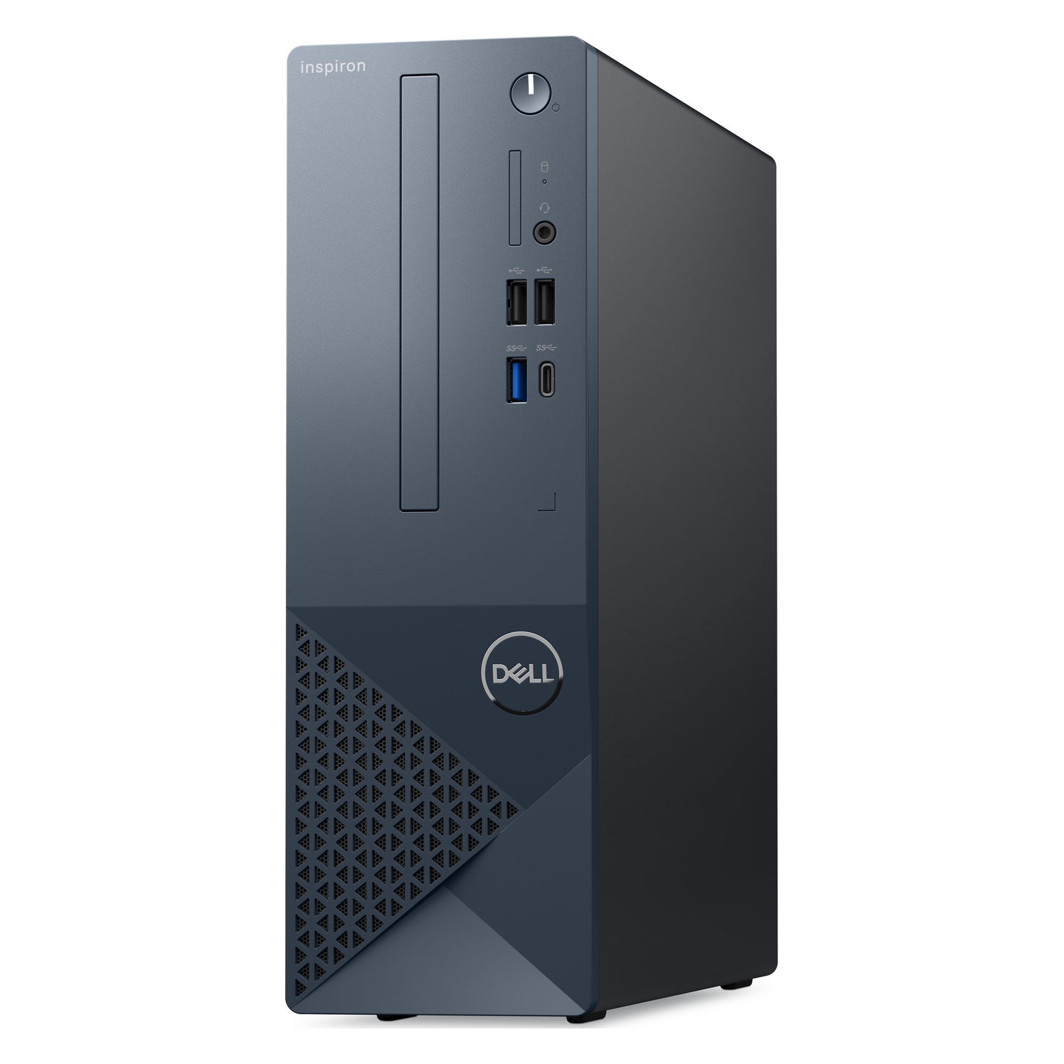 Computer desktop Dell Inspiron blu. Vista frontale con porte e logo Dell. Sfondo bianco.