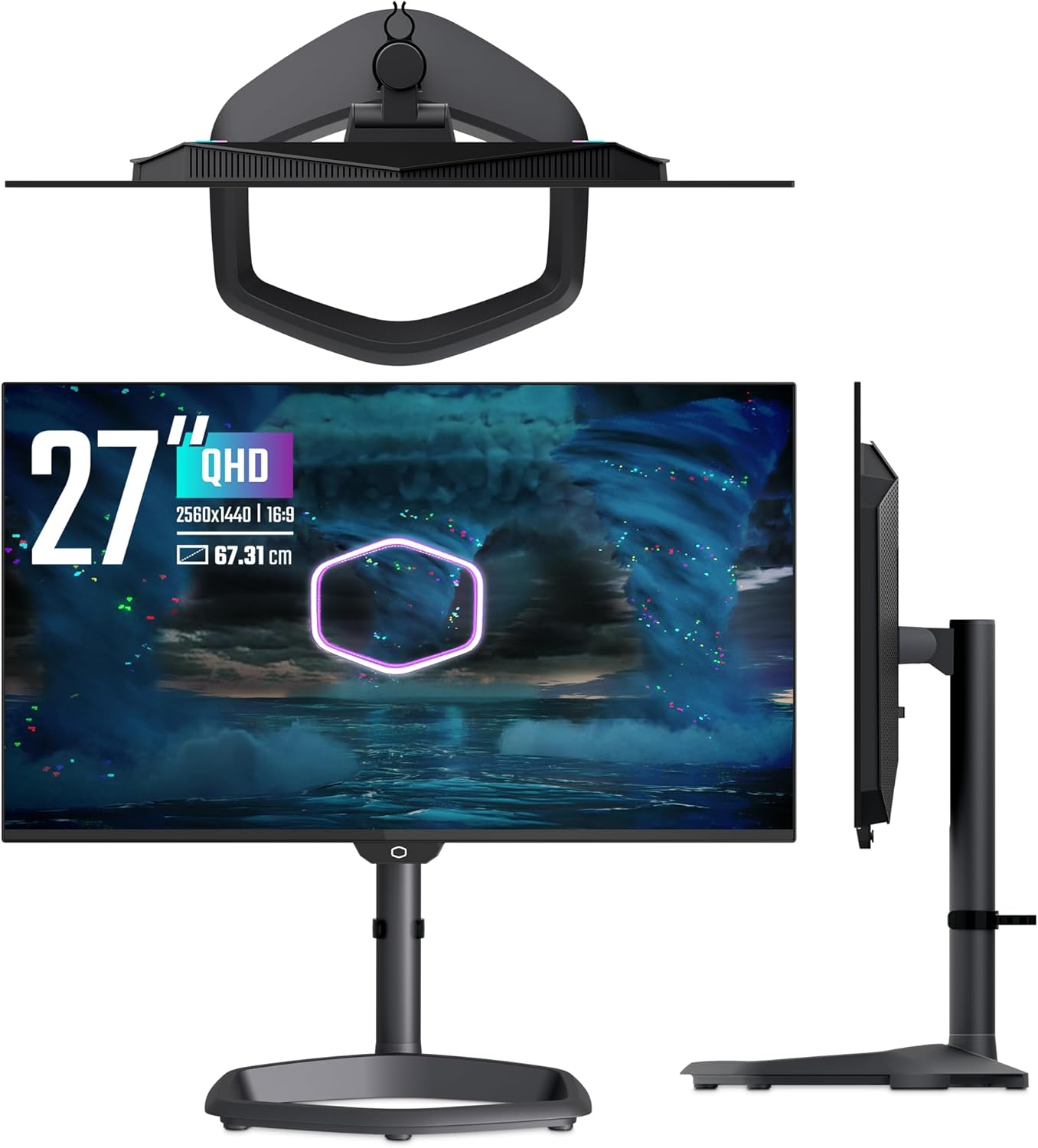 Monitor da 27" con display QHD e estetica gaming. Tre diverse angolazioni.