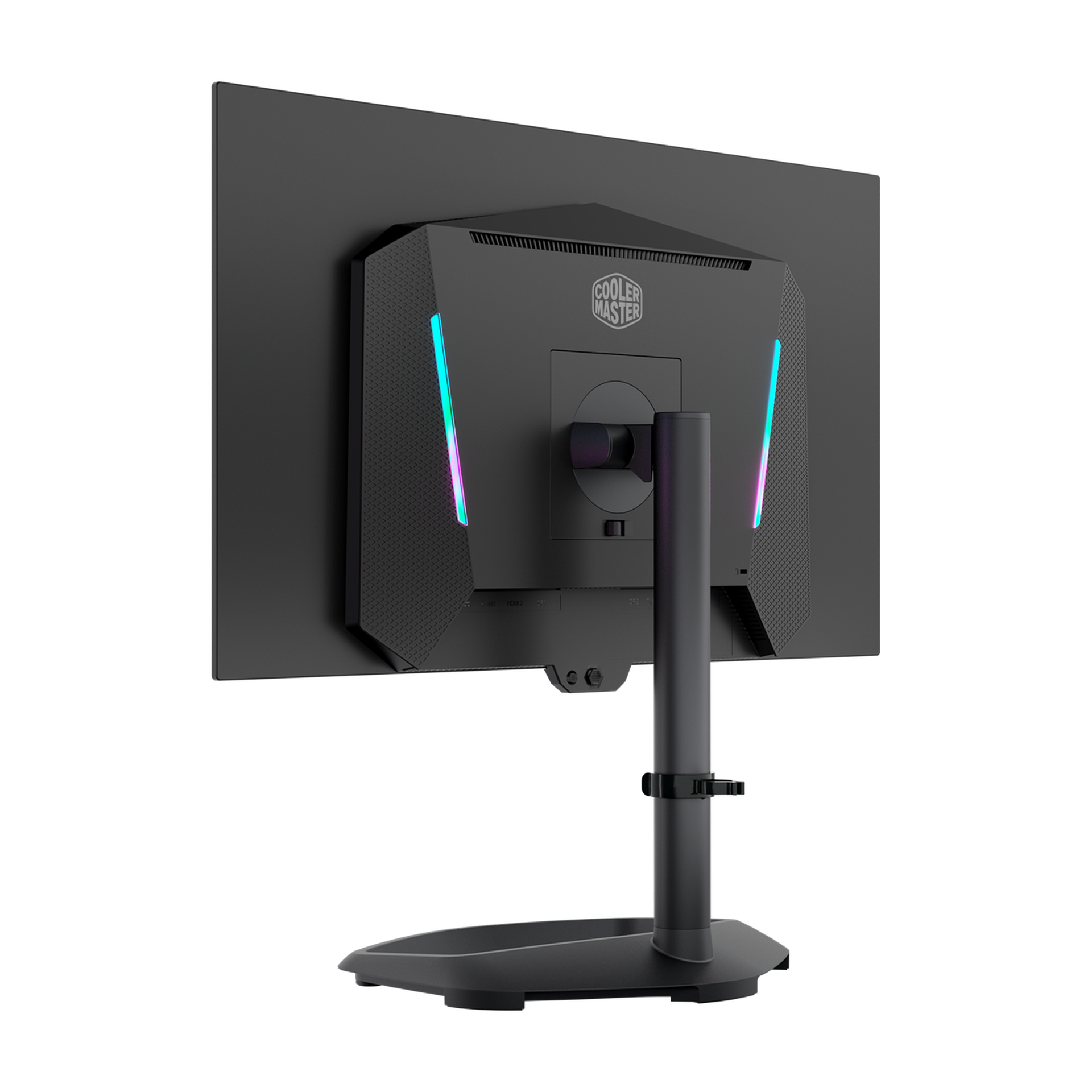 Vista posteriore del monitor da gioco nero, con luci colorate, supporto collegato.