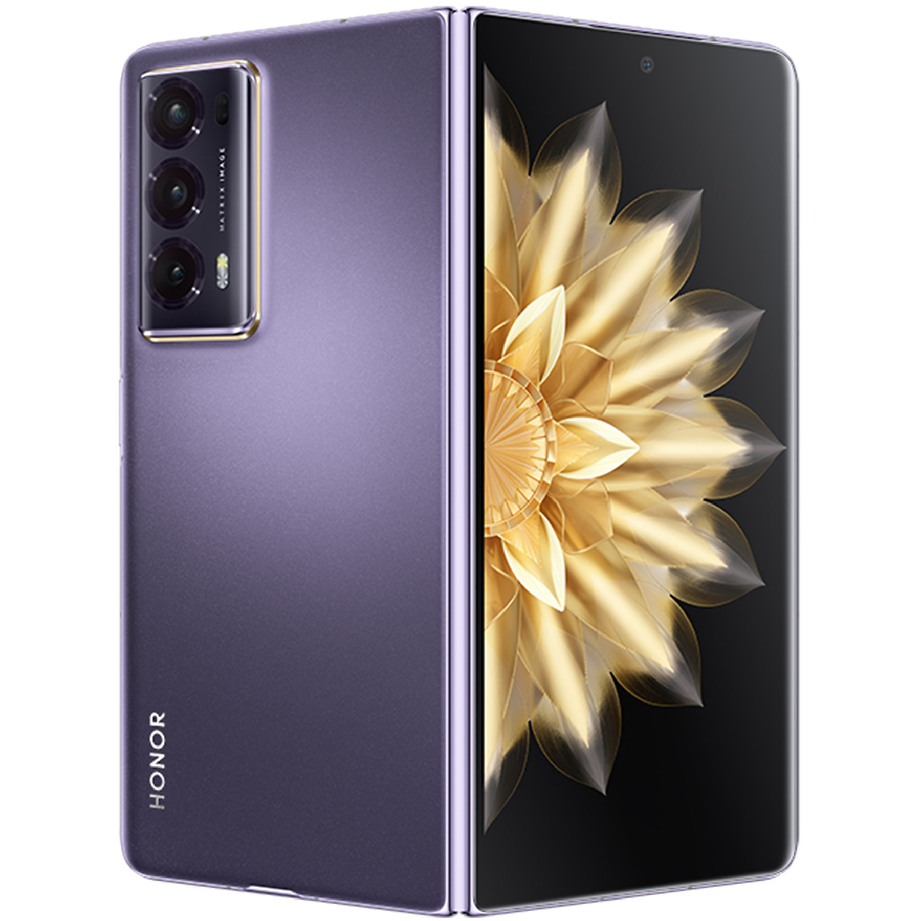 Un telefono pieghevole HONOR viola, aperto, che mostra un motivo floreale sullo schermo interno. Ha un array di fotocamere.