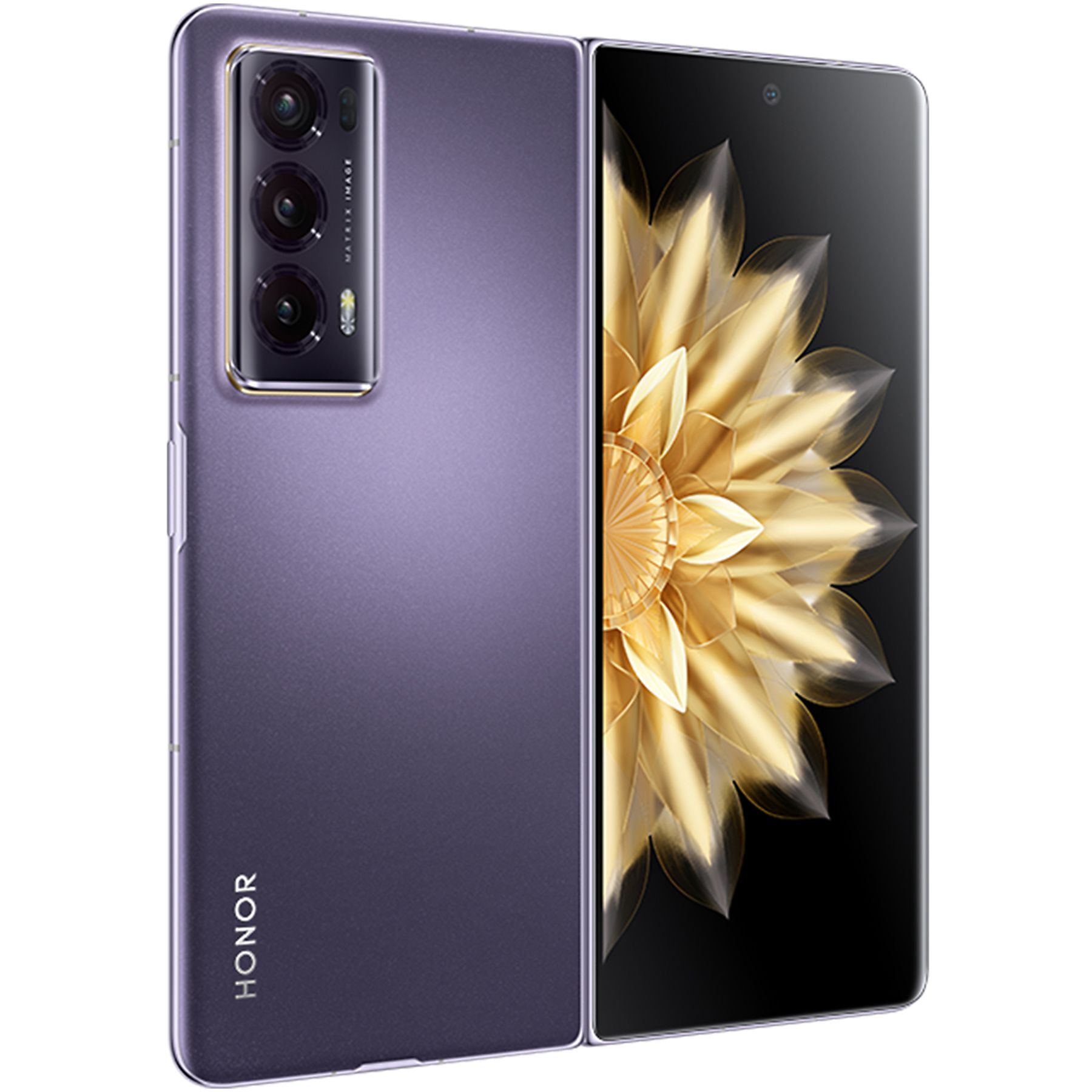 Telefono pieghevole Honor viola, chiuso. Lo schermo mostra un design floreale, tripla fotocamera.