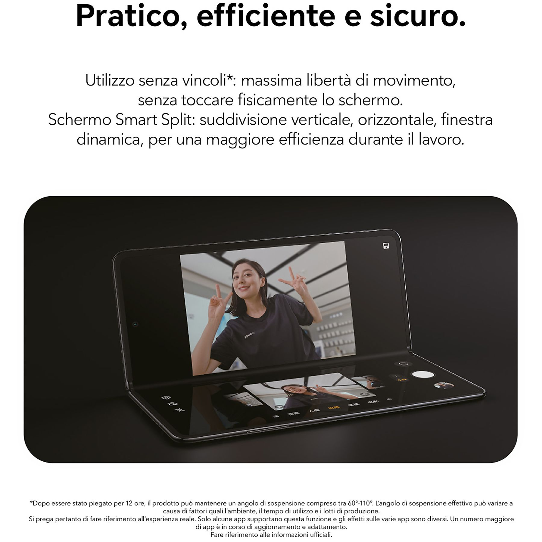 Un telefono nero pieghevole è aperto, mostra una donna sullo schermo interno e testo sopra.