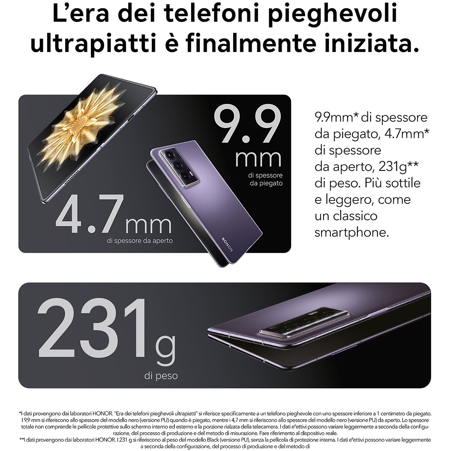 Telefono pieghevole viola, aperto e chiuso, con testo e misure.