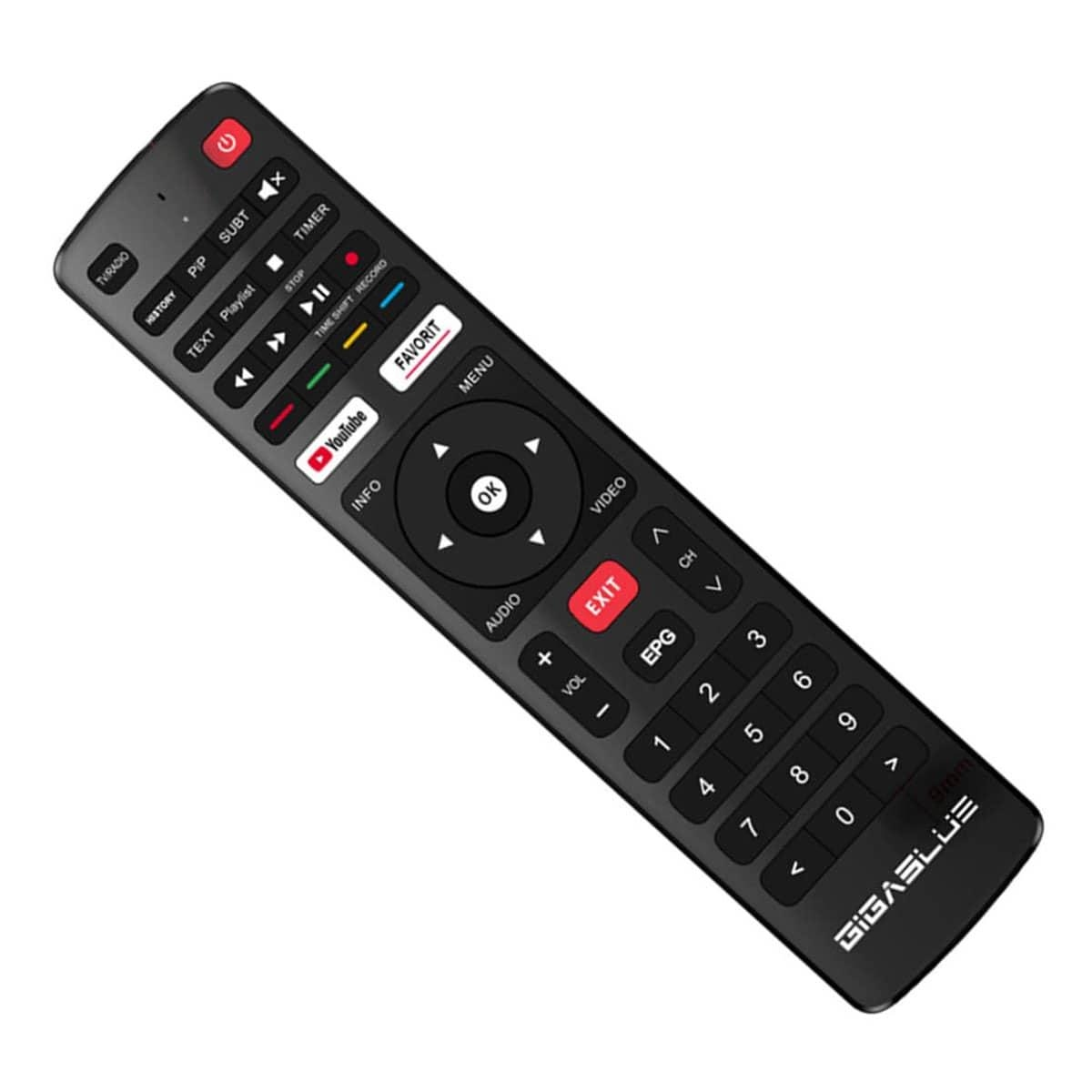 Schwarze Fernbedienung mit vielen Tasten. Sie hat eine YouTube-Taste und ein Gigablue-Logo. Tasten sind weiß und rot.