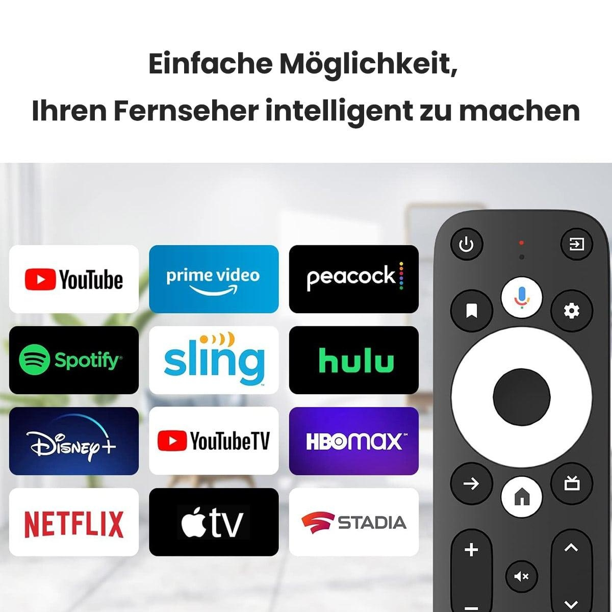 Fernbedienung mit App-Symbolen. Apps umfassen Youtube, Netflix, Prime Video und mehr.
