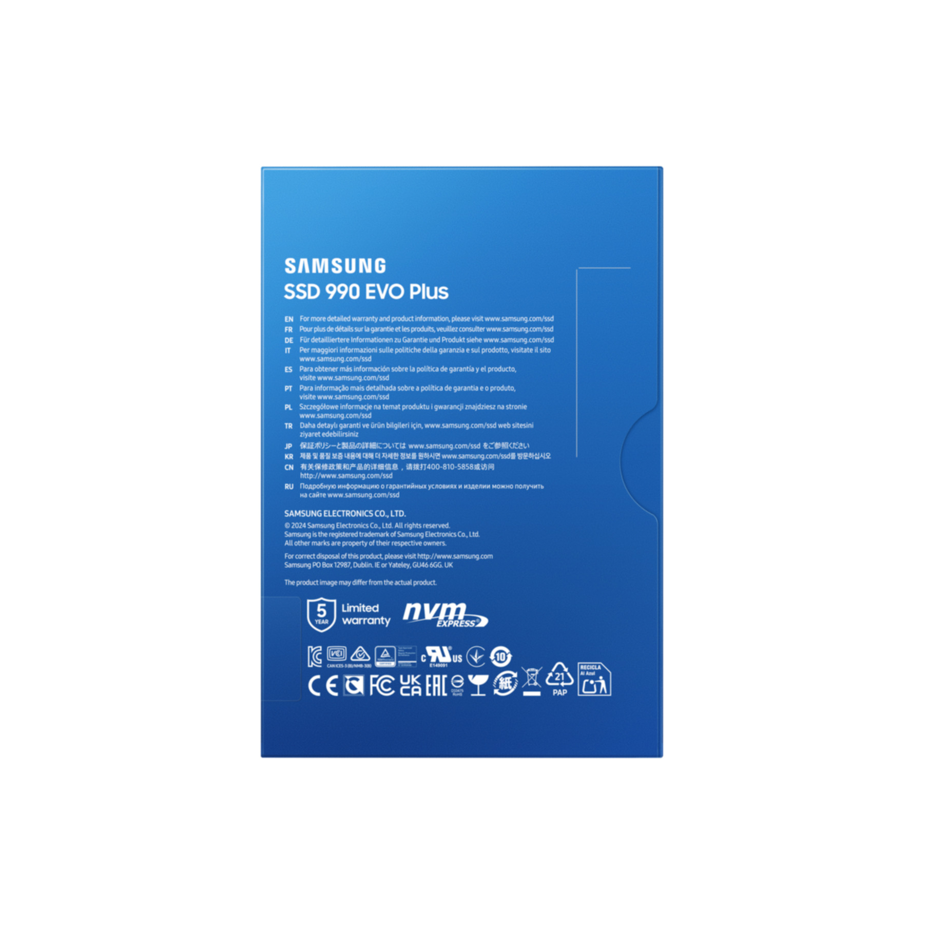 Opakowanie SSD z tekstem w wielu językach. Zawiera informacje o produkcie i szczegóły gwarancji.