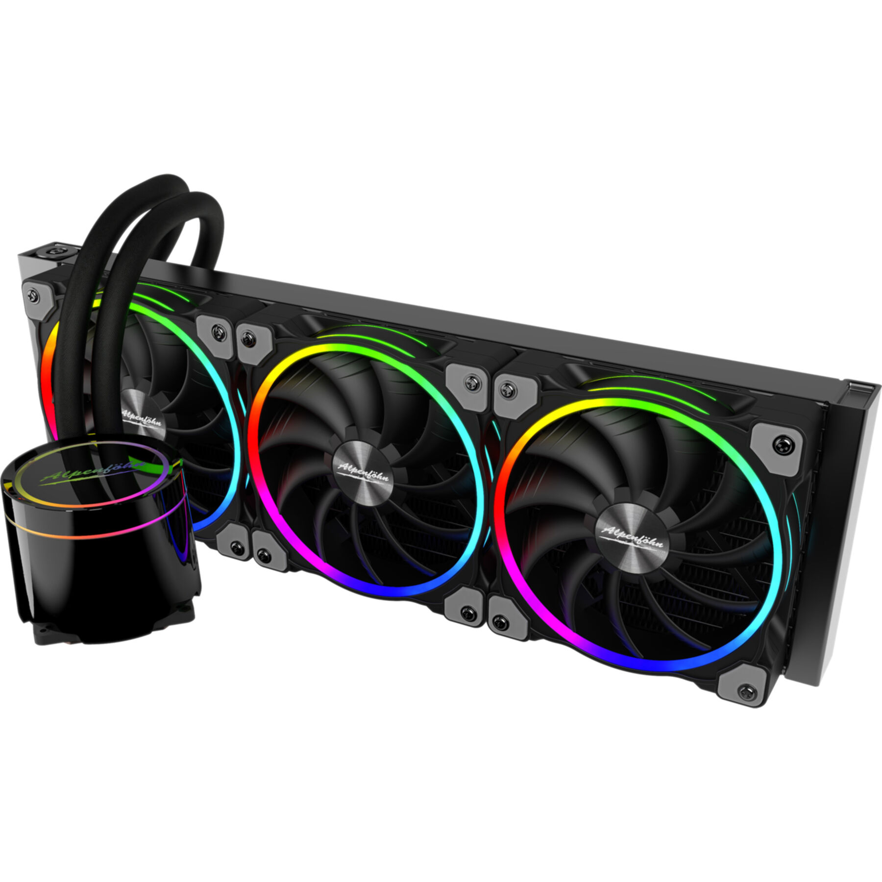 Un dissipatore di calore a liquido per PC con tre ventole, luci RGB e una pompa collegata.