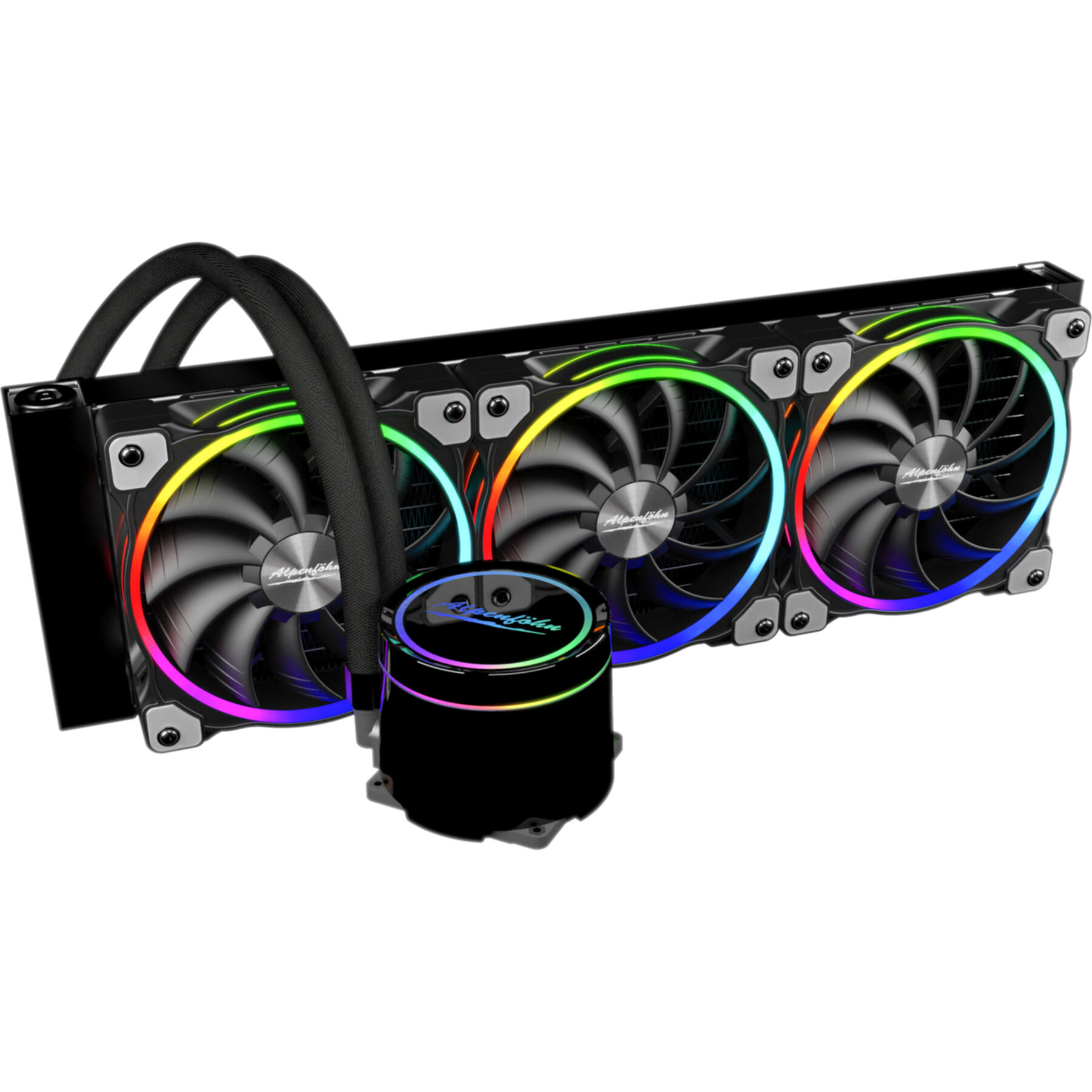 Dissipatore CPU nero con tre ventole, luci a LED arcobaleno e pompa nera.