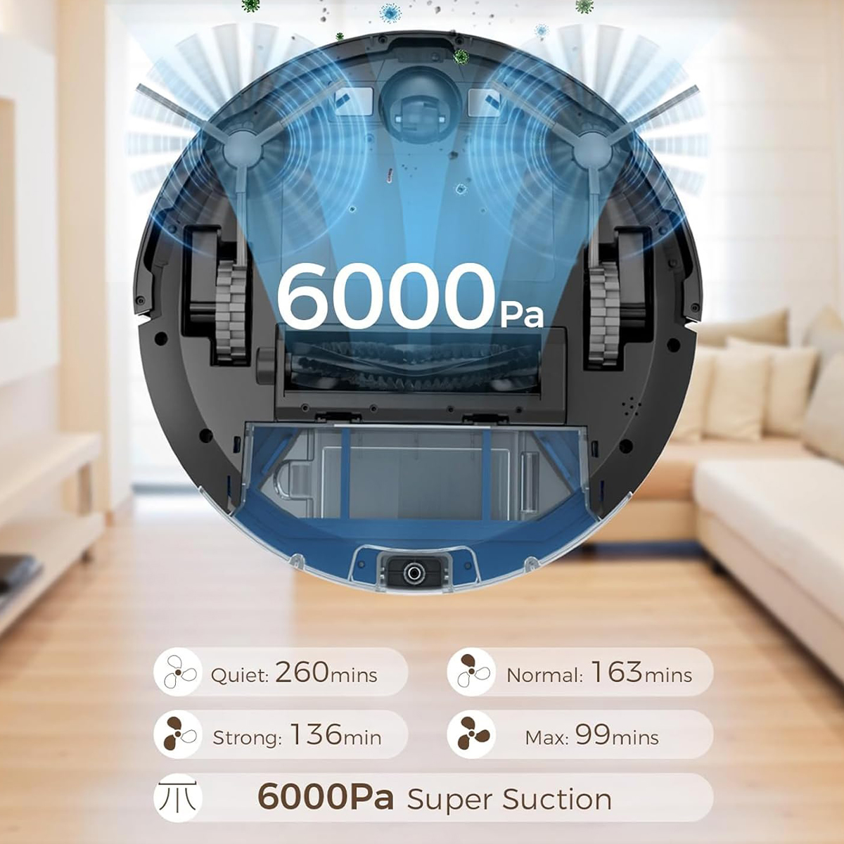 Ein Roboter-Staubsauger. Er ist rund, schwarz und blau. Grafiken oben zeigen Leistungsinformationen.