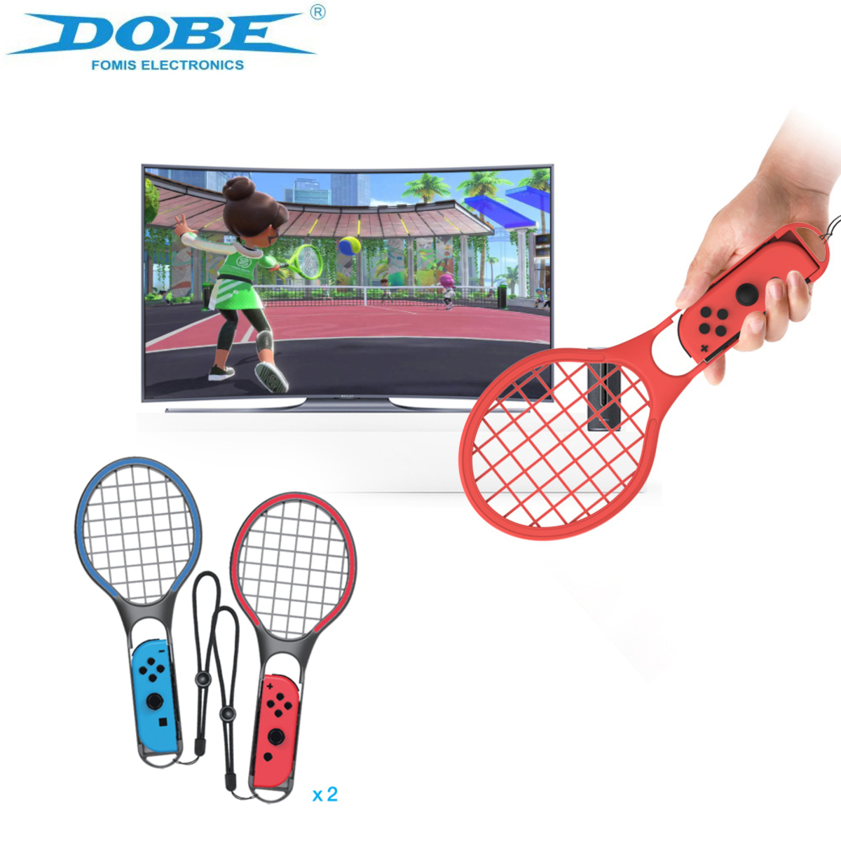 Juego de tenis con TV, dos raquetas y persona sosteniendo una raqueta roja.