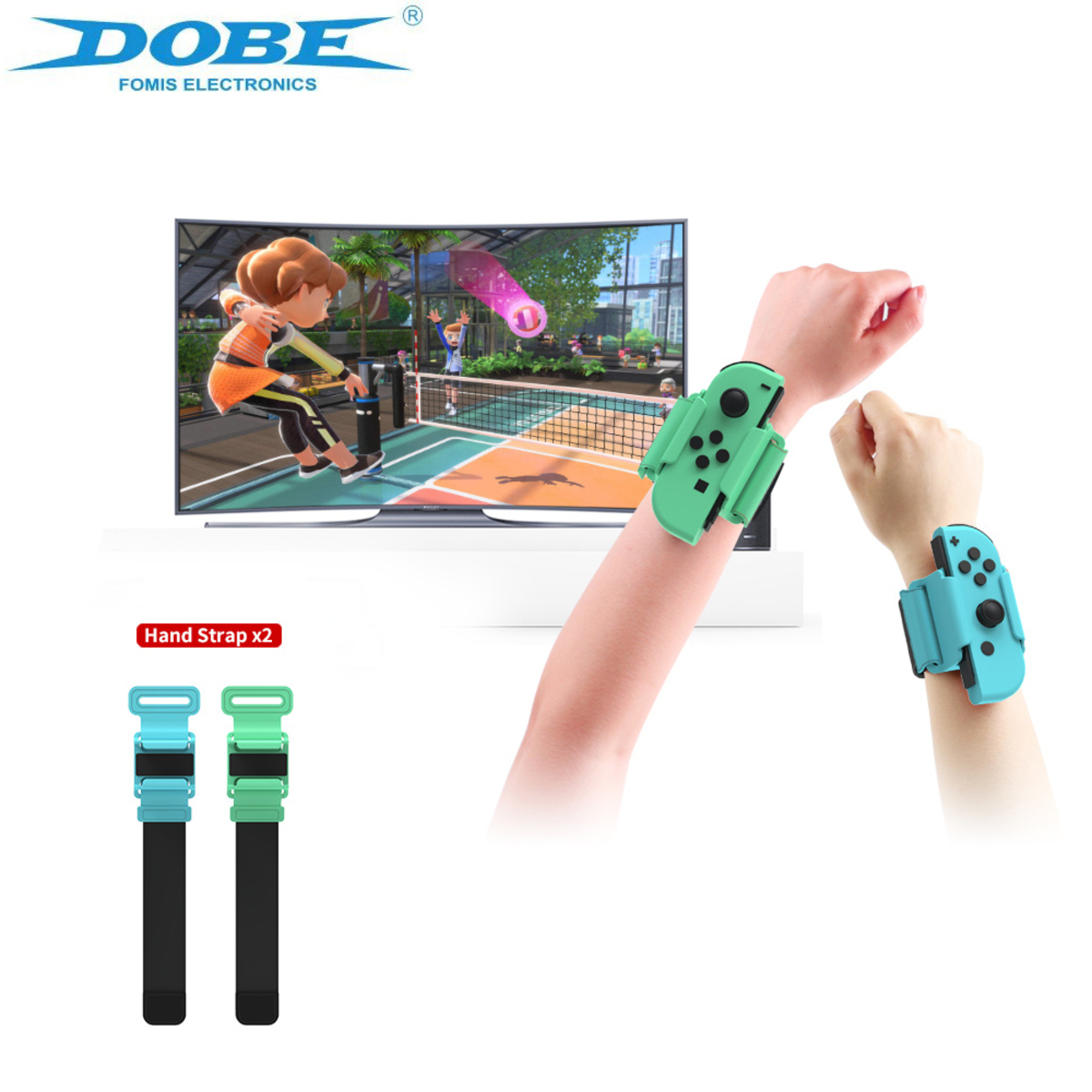 Persona sosteniendo un controlador de Nintendo Switch. Un televisor muestra un juego con personajes y una correa de mano.