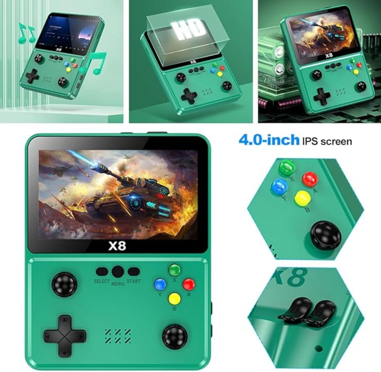 Consola de juegos portátil verde con pantalla, botones y joysticks. Múltiples vistas y primeros planos.