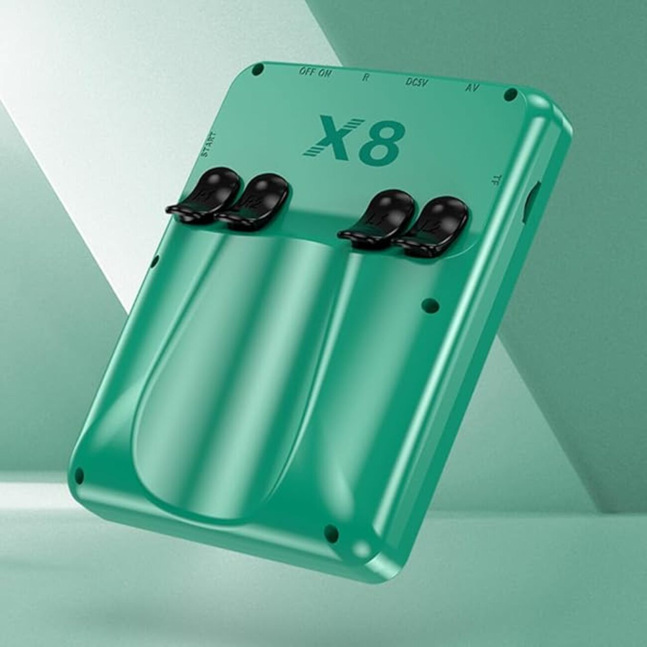 Consola de juegos portátil verde con botones etiquetados 'X8', con botones de control negros y fondo verde.