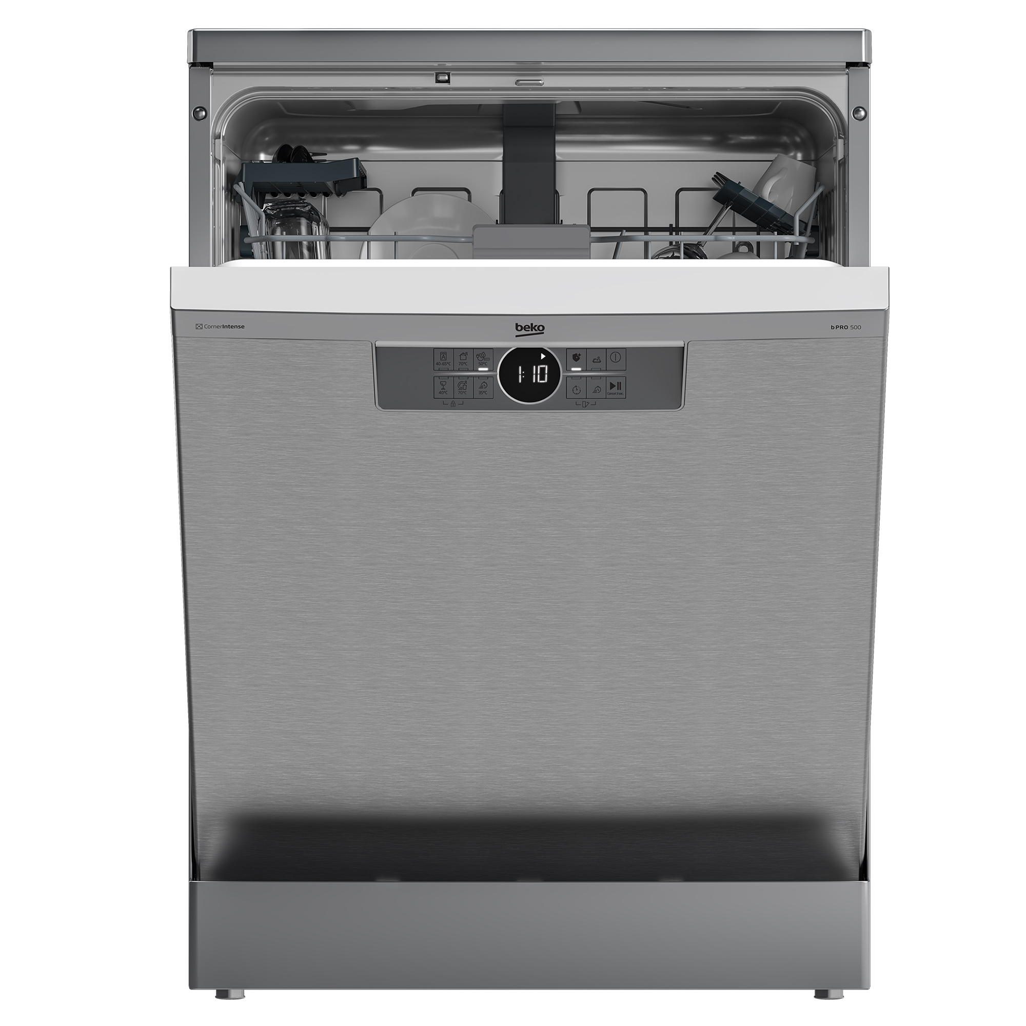 Beko Geschirrspüler mit offener Tür. Edelstahlfront, Display sichtbar. Weißer Hintergrund.