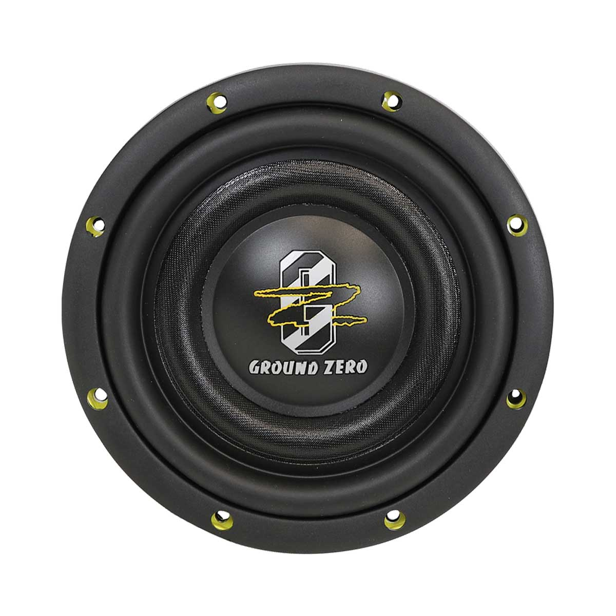 Schwarzer Subwoofer mit Ground Zero Logo, gelben Akzenten und Maschenmitte.