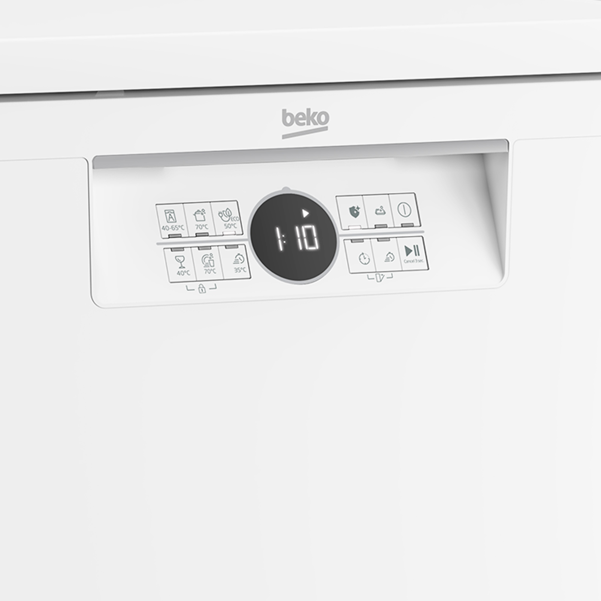 Nahaufnahme eines weißen Geschirrspüler-Bedienfelds. Eine Digitalanzeige zeigt '1:10'. Tasten und Symbole sind sichtbar.