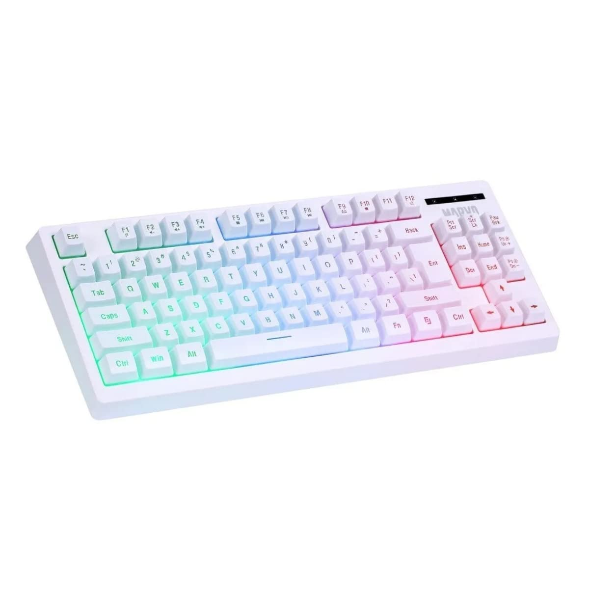 Teclado mecánico blanco con teclas retroiluminadas, marco blanco y logo MADUR en la esquina superior derecha.