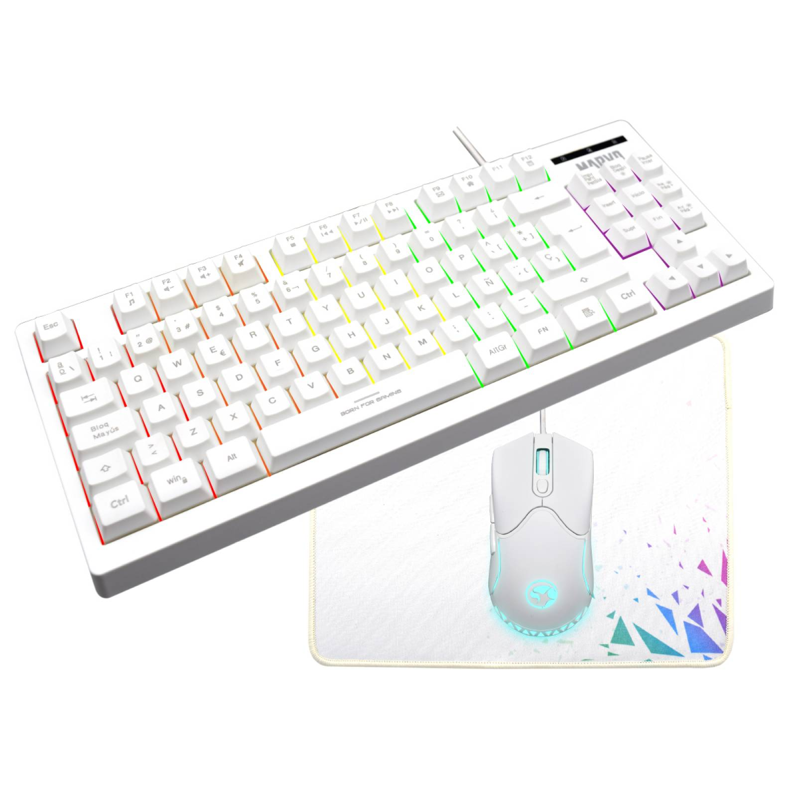 Teclado, ratón y alfombrilla de juego blancos con luces RGB.