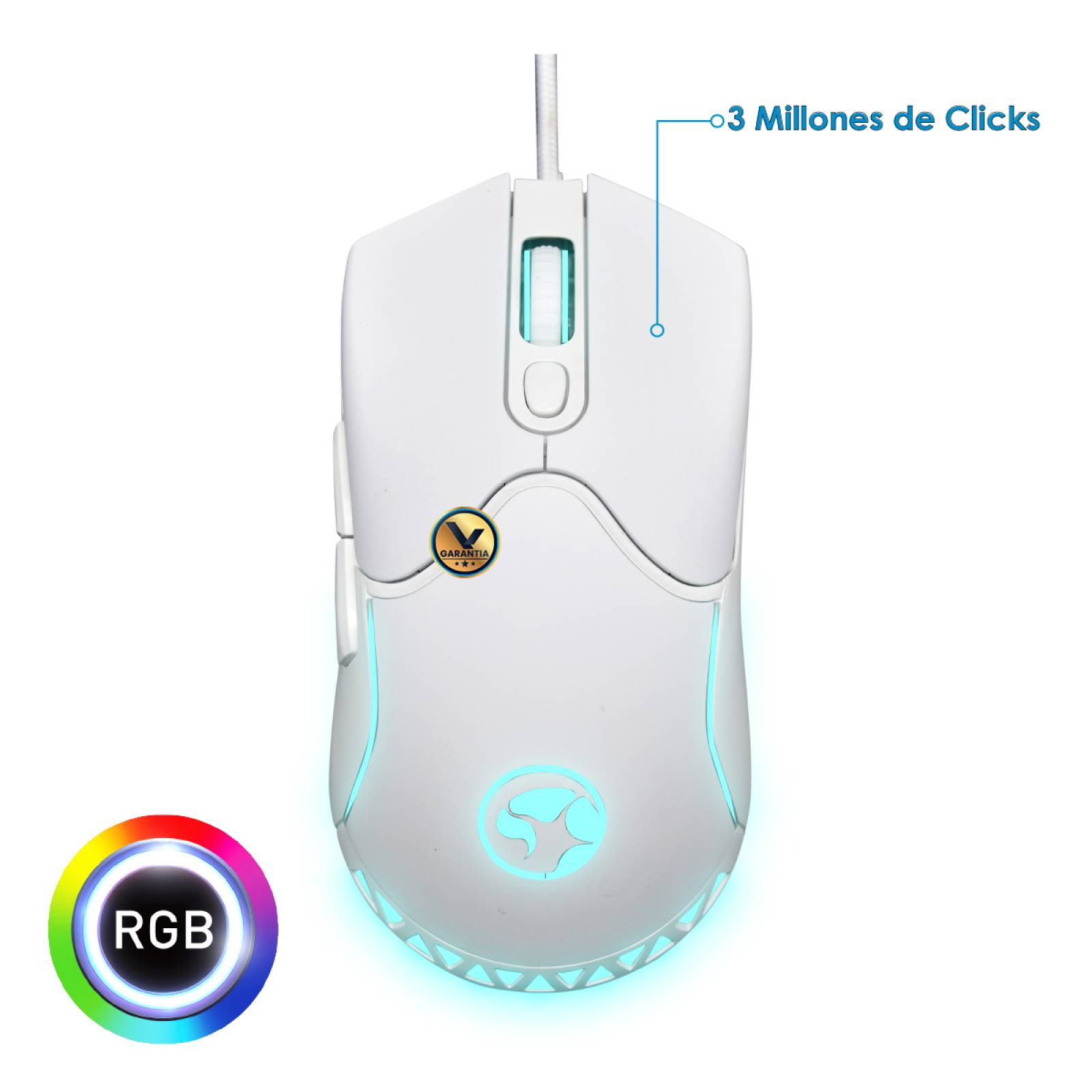Un ratón para juegos blanco con iluminación RGB y un logotipo. Tiene un anillo de luz azul y un botón. Fondo blanco.
