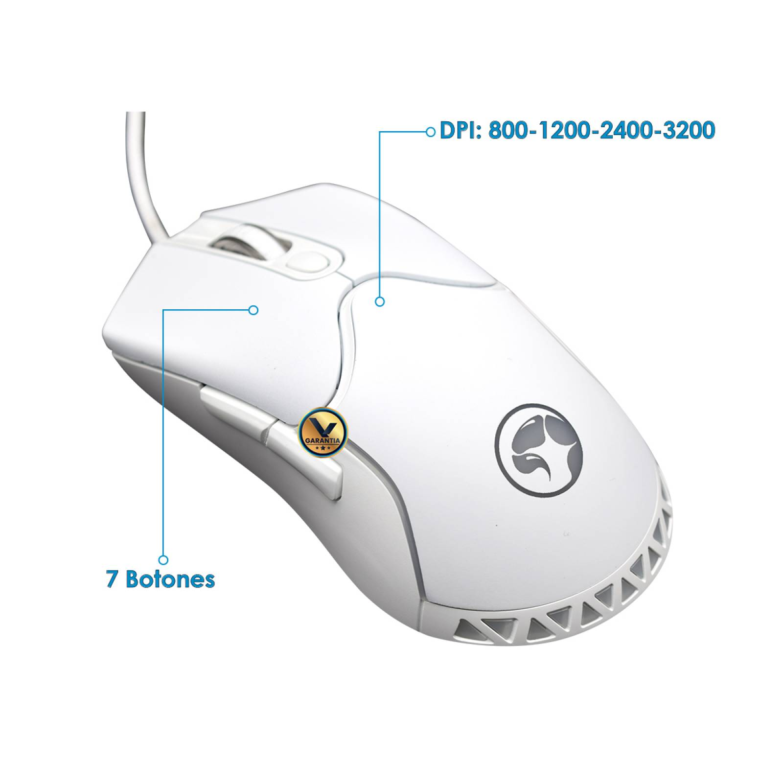 Ratón gaming blanco con 7 botones. Muestra opciones de DPI. Fondo blanco.