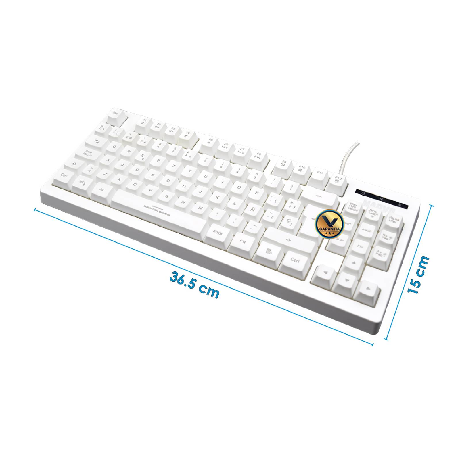 Teclado blanco con teclas blancas, con marcas de dimensiones.