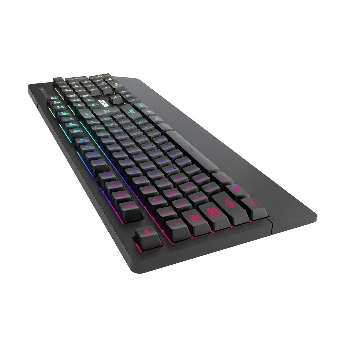 Un teclado gaming negro con teclas iluminadas, ligeramente inclinado hacia arriba. Las teclas son negras con luces de colores.