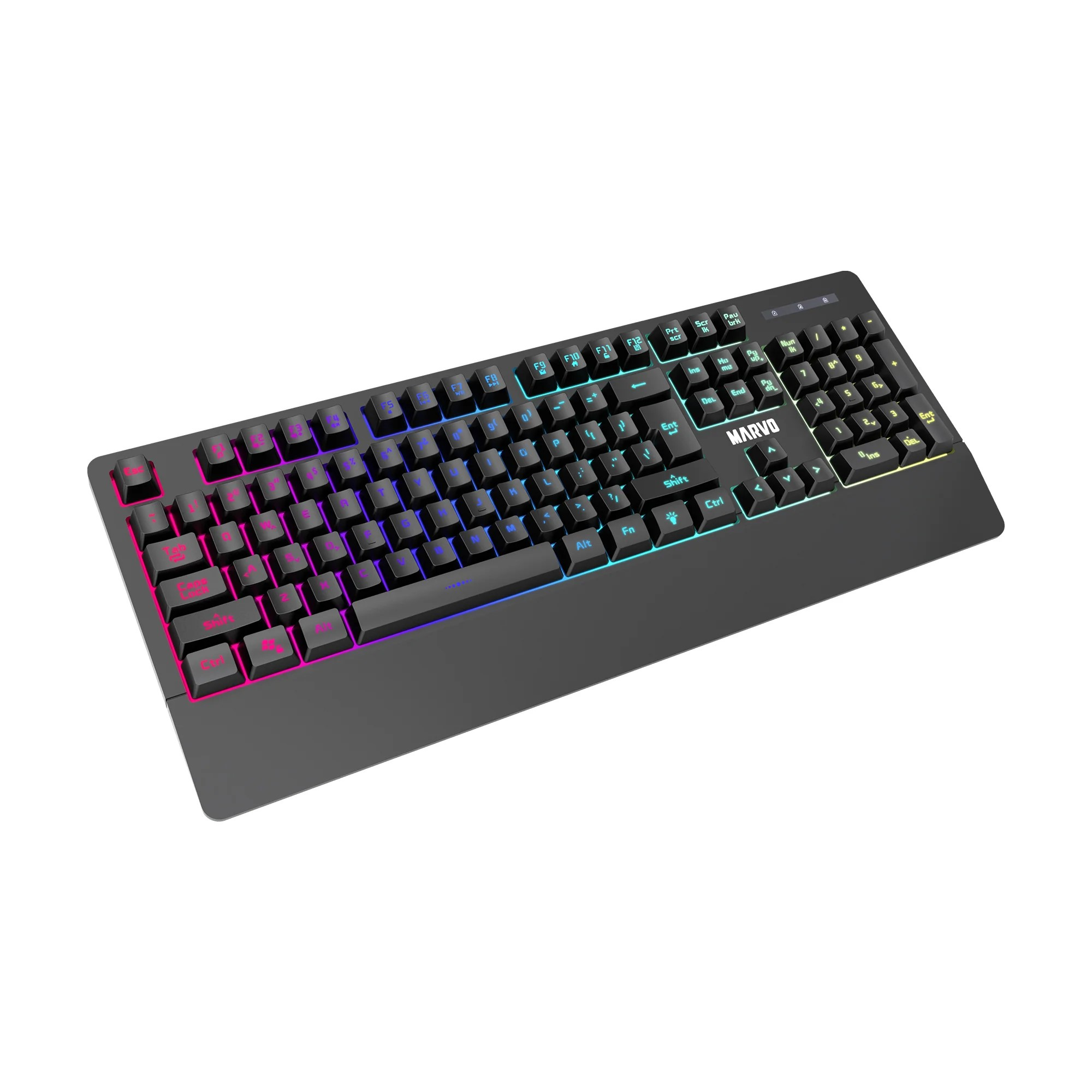 Un teclado negro con teclas coloridas sobre un fondo blanco. Se muestra el logo de Marvo.