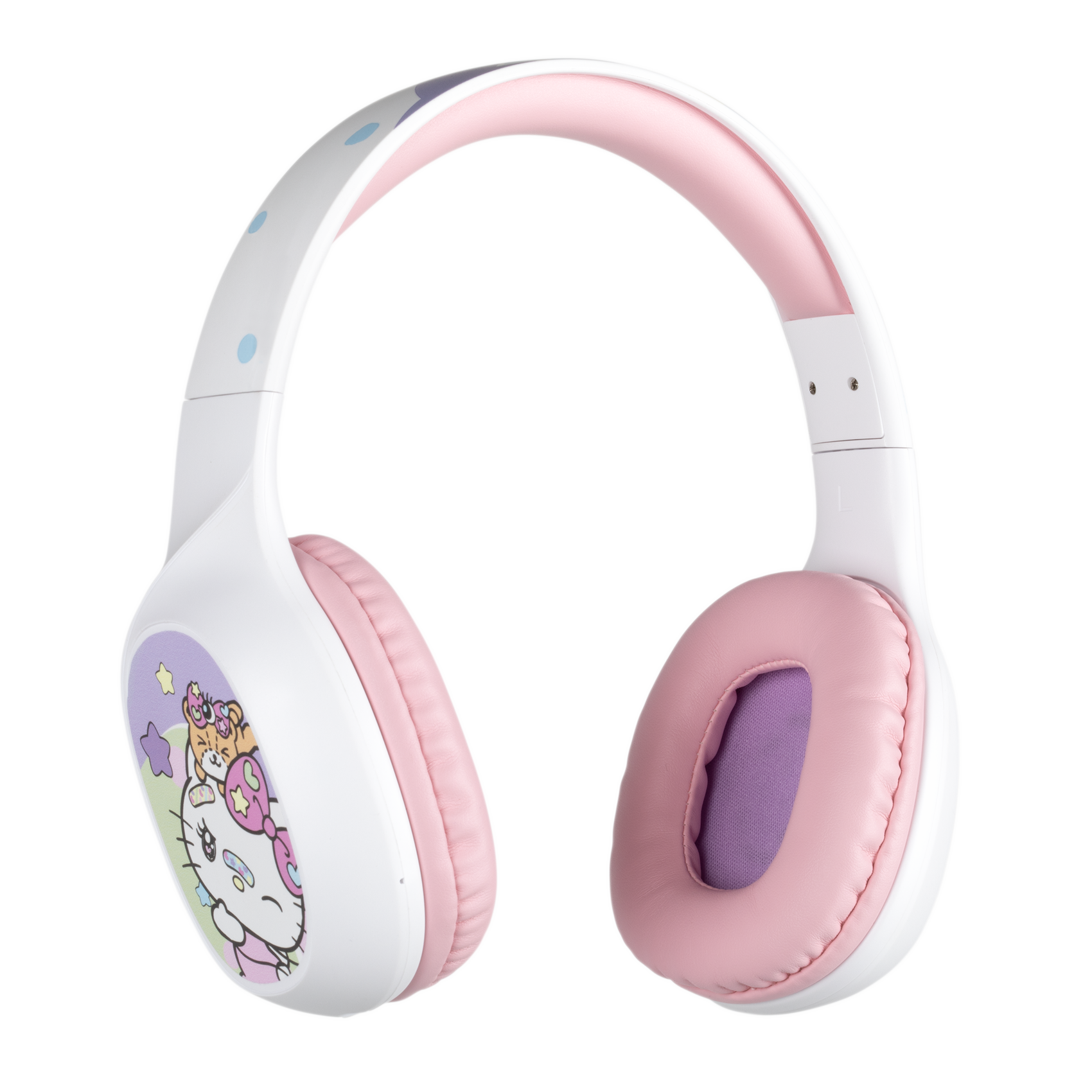 Witte en roze Hello Kitty koptelefoon met een cartoonscene op de linker oorschelp.