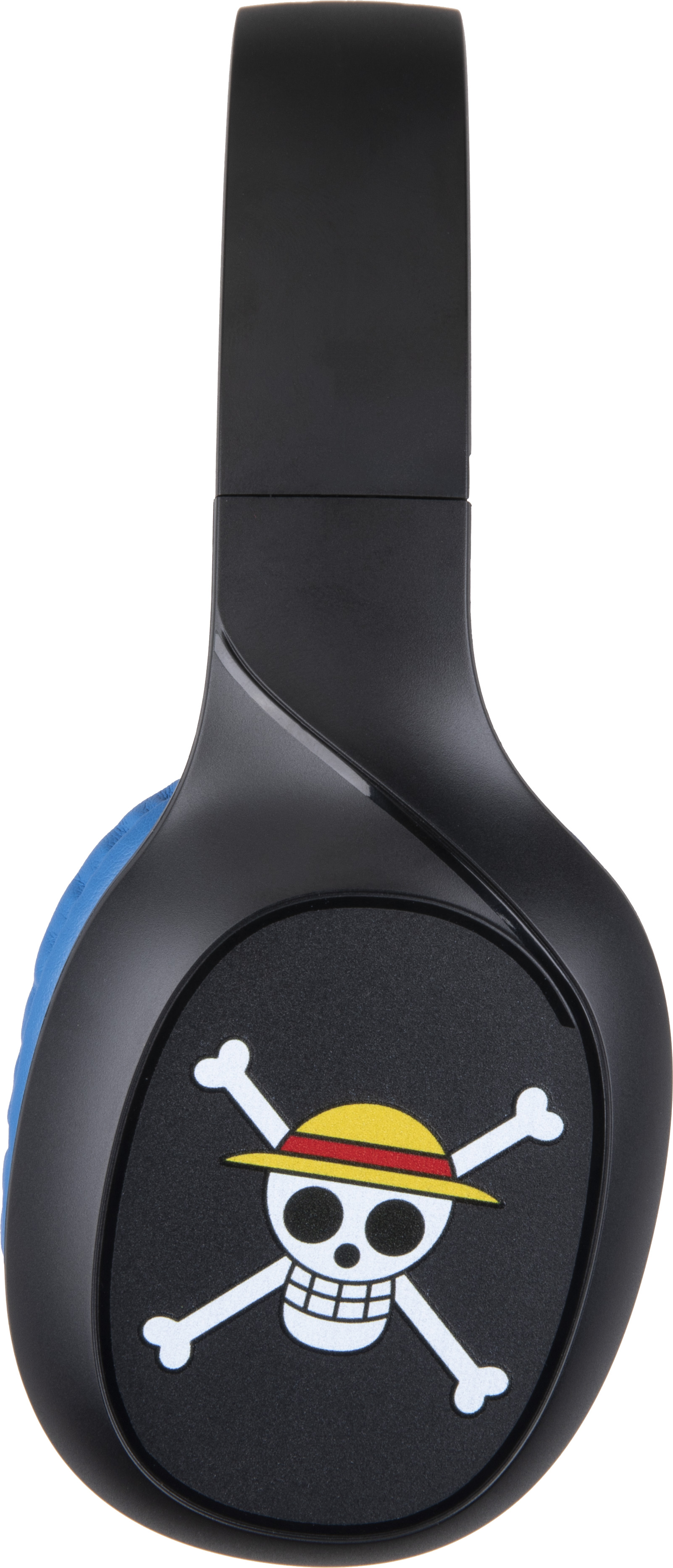 Schwarze Kopfhörer mit Luffy Jolly Roger Logo. Blaue Polsterung innen.