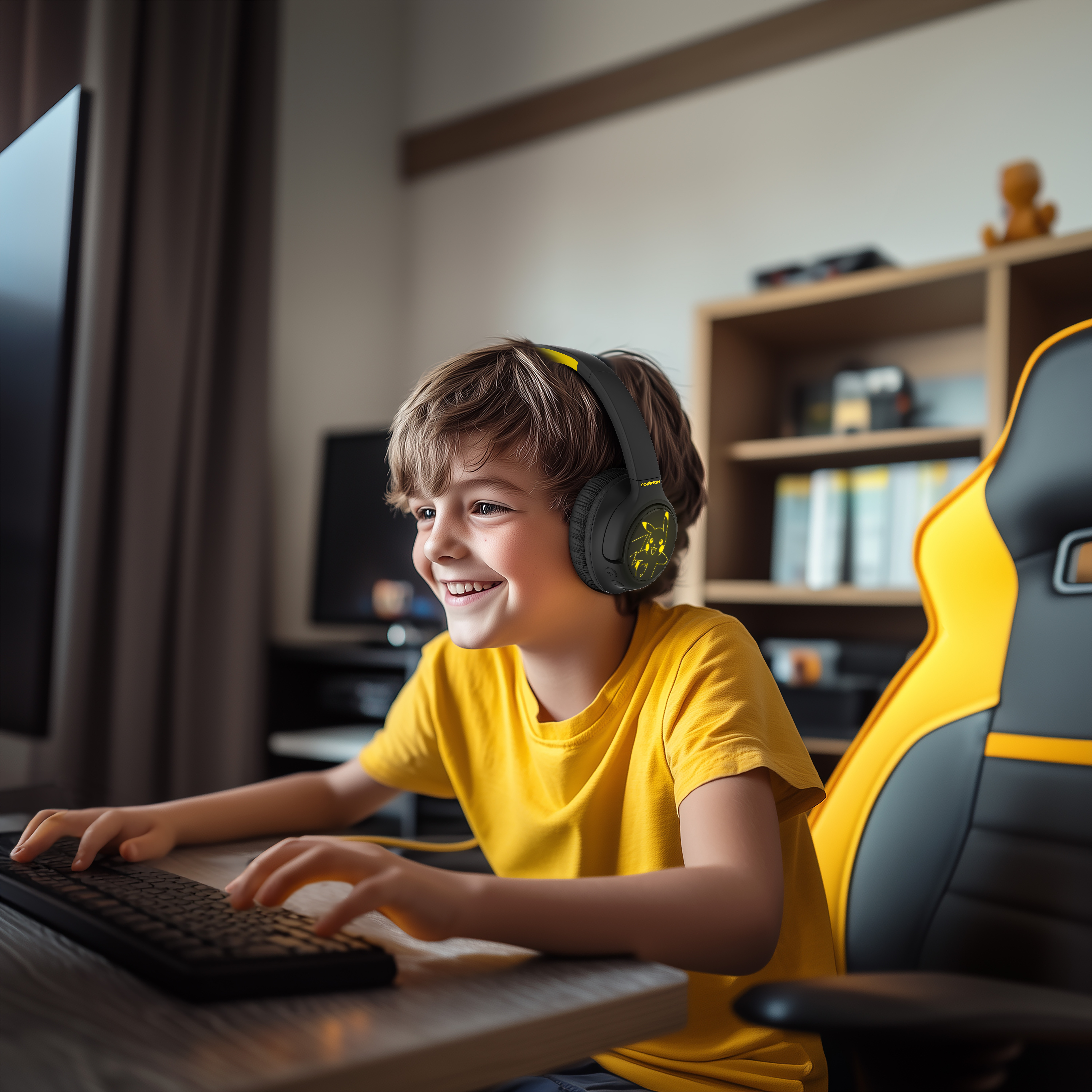 Jonge jongen die gamet met koptelefoon en toetsenbord, glimlachend. Geel en zwarte stoel.