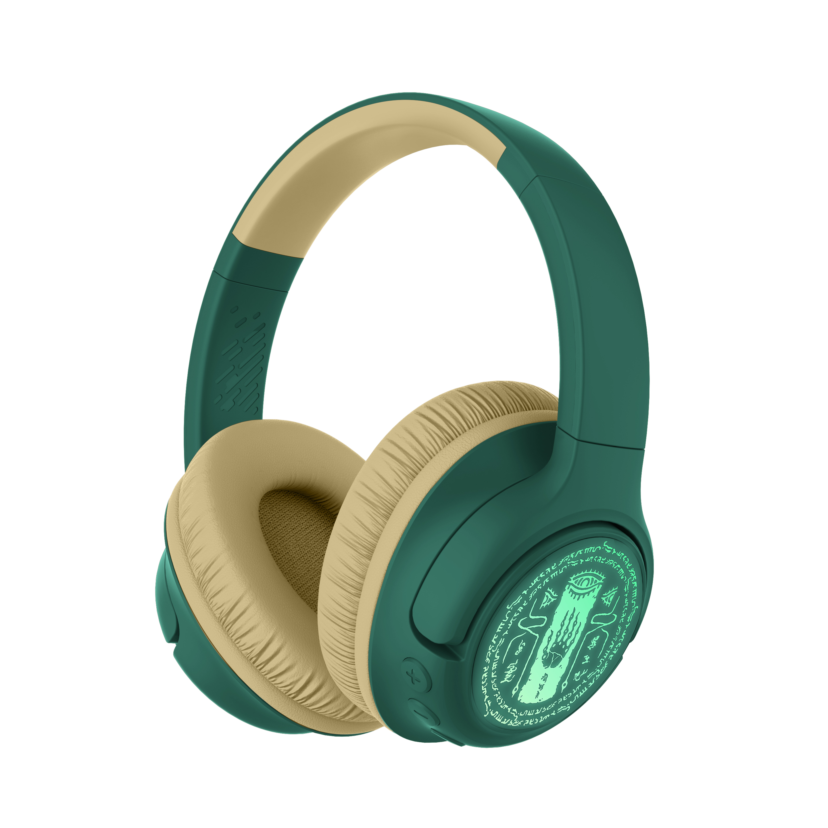 Cuffie verdi e beige. Design on-ear, con design illuminato sui padiglioni. Sfondo bianco.