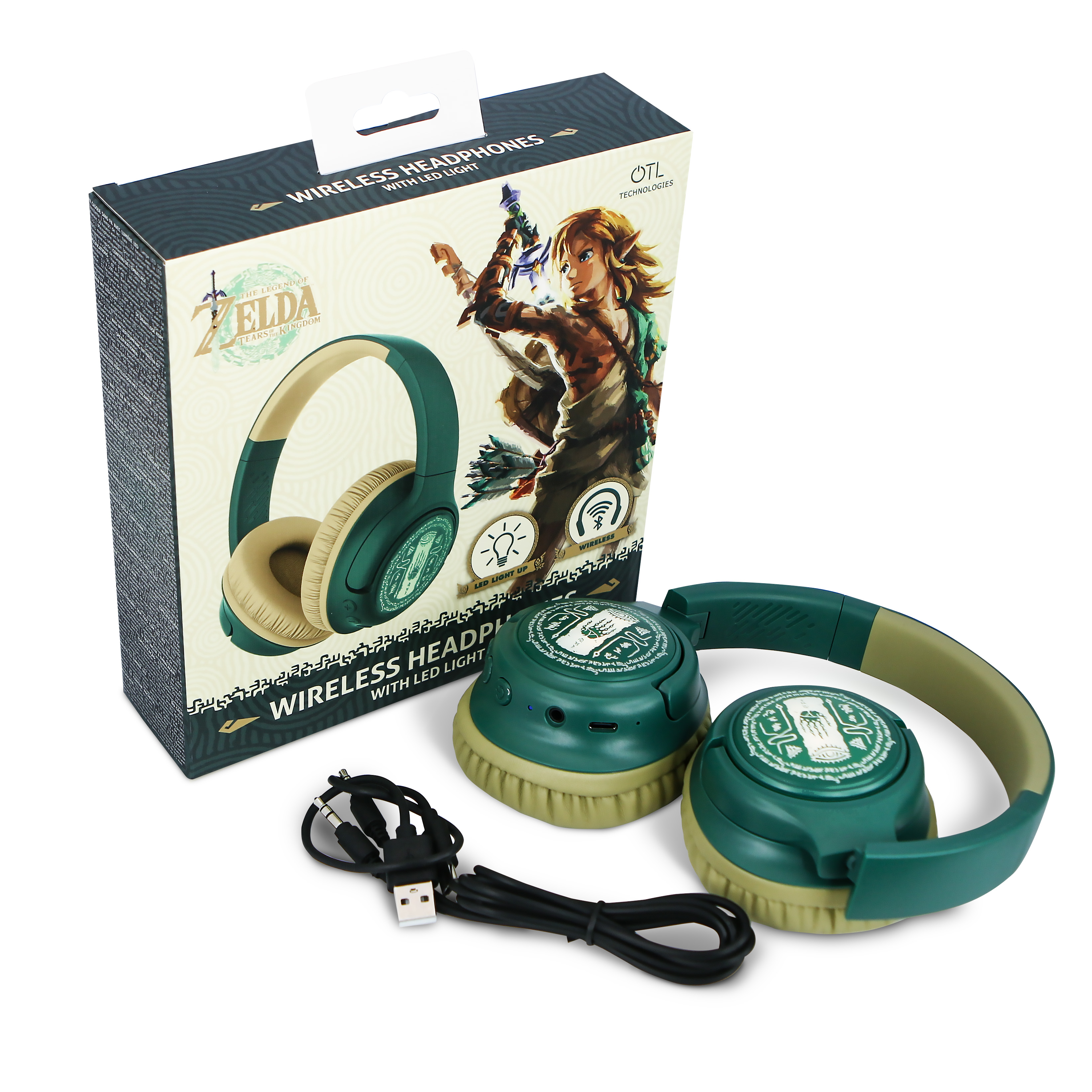 Cuffie e scatola con logo 'Zelda'. Le cuffie sono verdi e beige. La scatola ha un'illustrazione di Link.