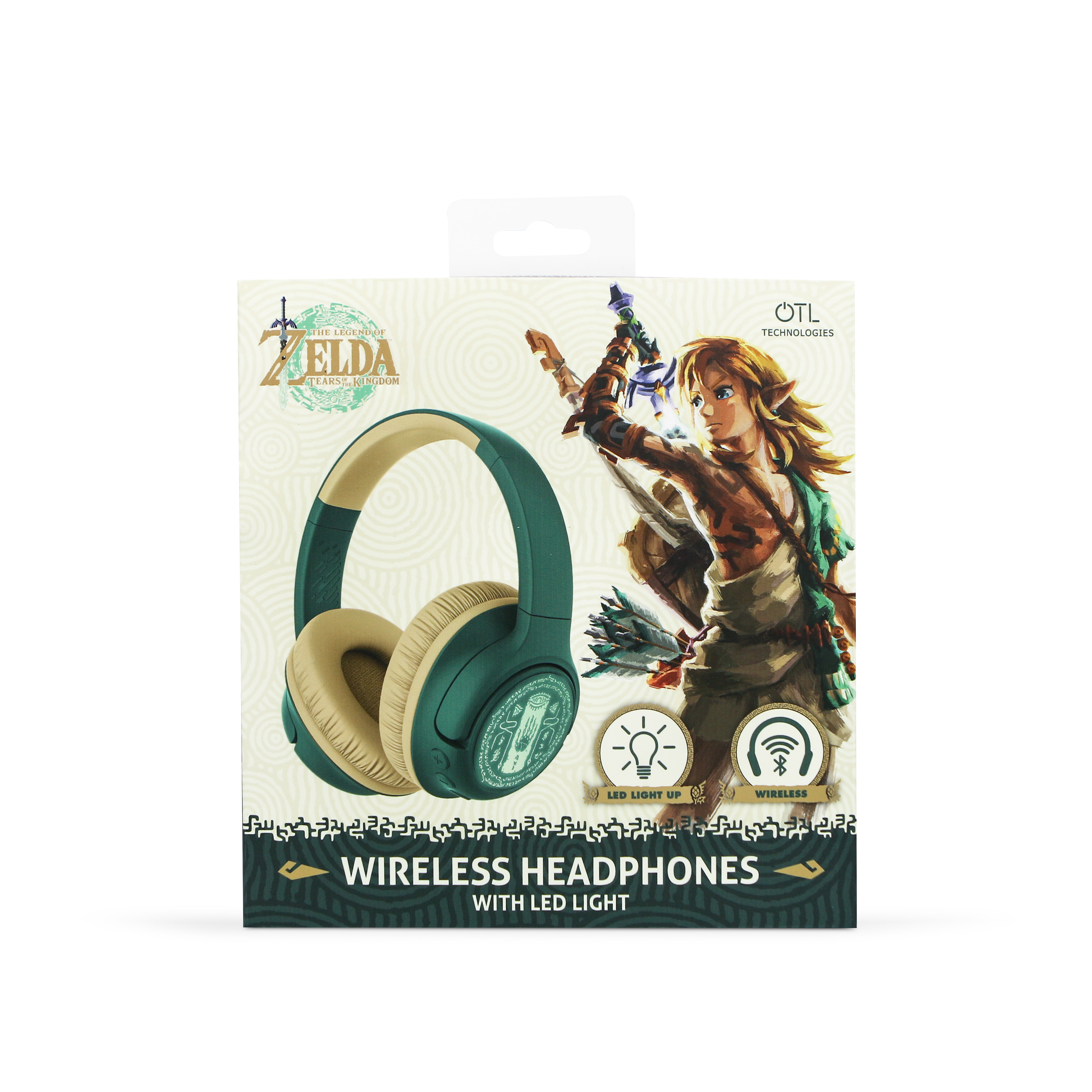 Cuffie wireless Zelda verdi e beige in una scatola con grafica.