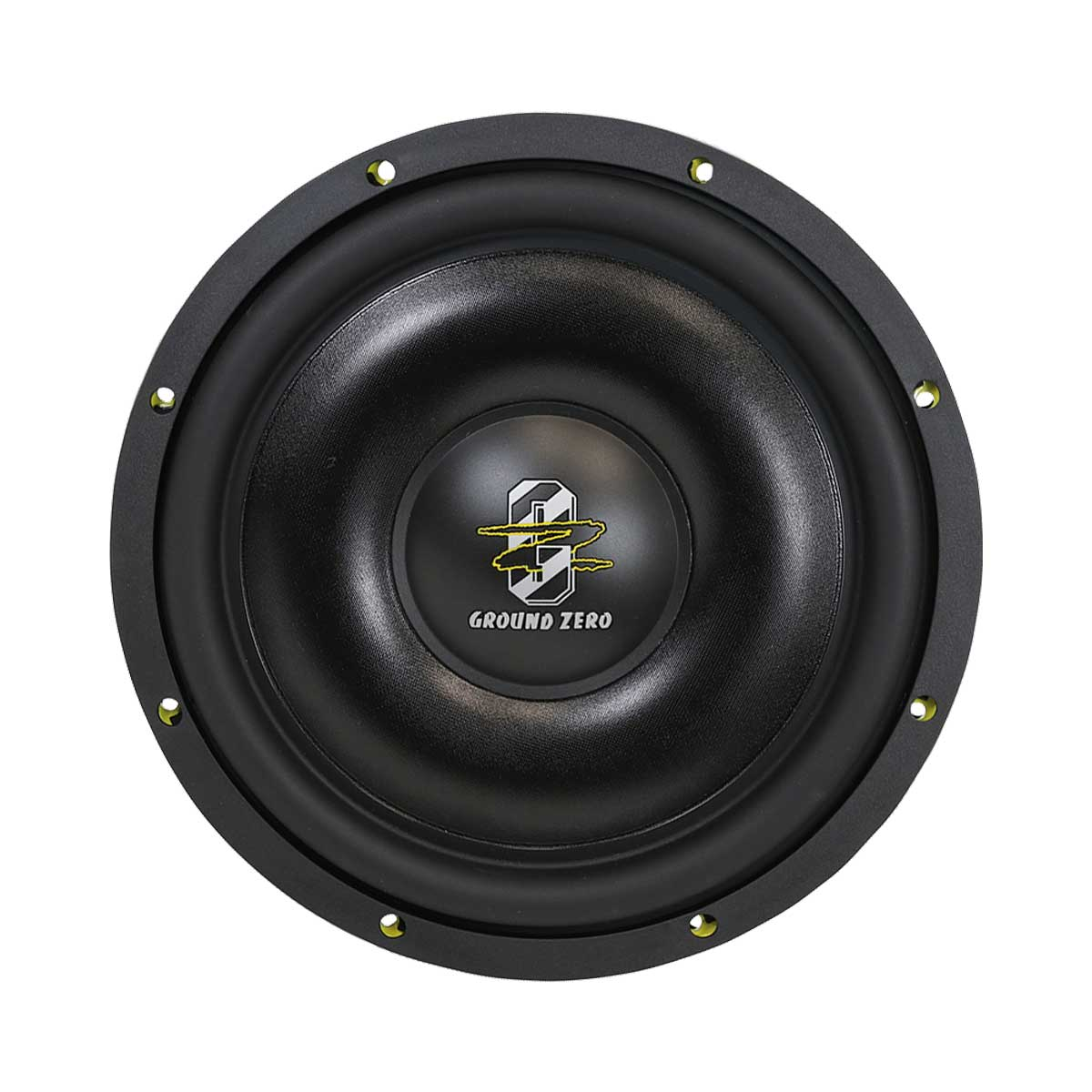 Schwarzer Subwoofer mit Ground Zero Logo und kreisförmigem Design. Auf weißem Hintergrund.