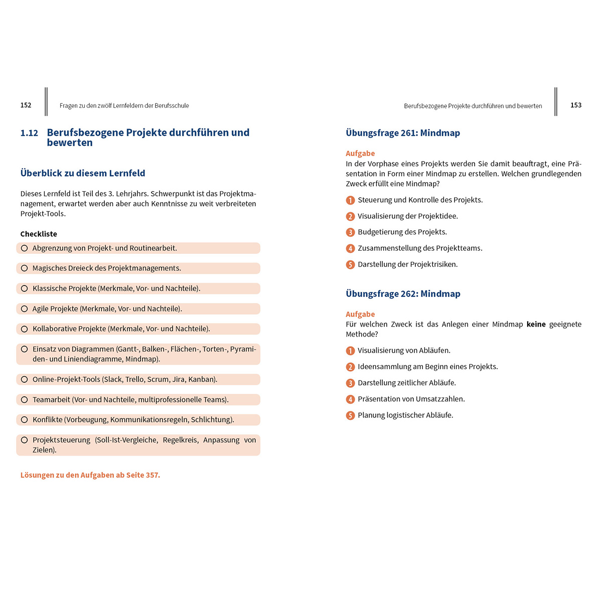 Eine Lehrbuchseite mit Titeln und Listen, mit deutschem Text, über professionelles Projektmanagement.