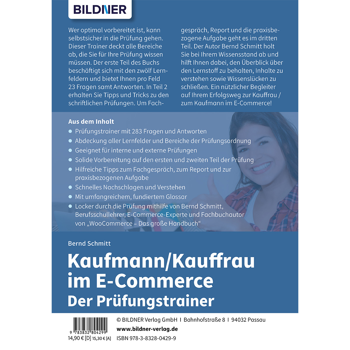 Ein Buchcover mit einem Bild einer Frau und Text auf Deutsch. Das Buch handelt von E-Commerce.