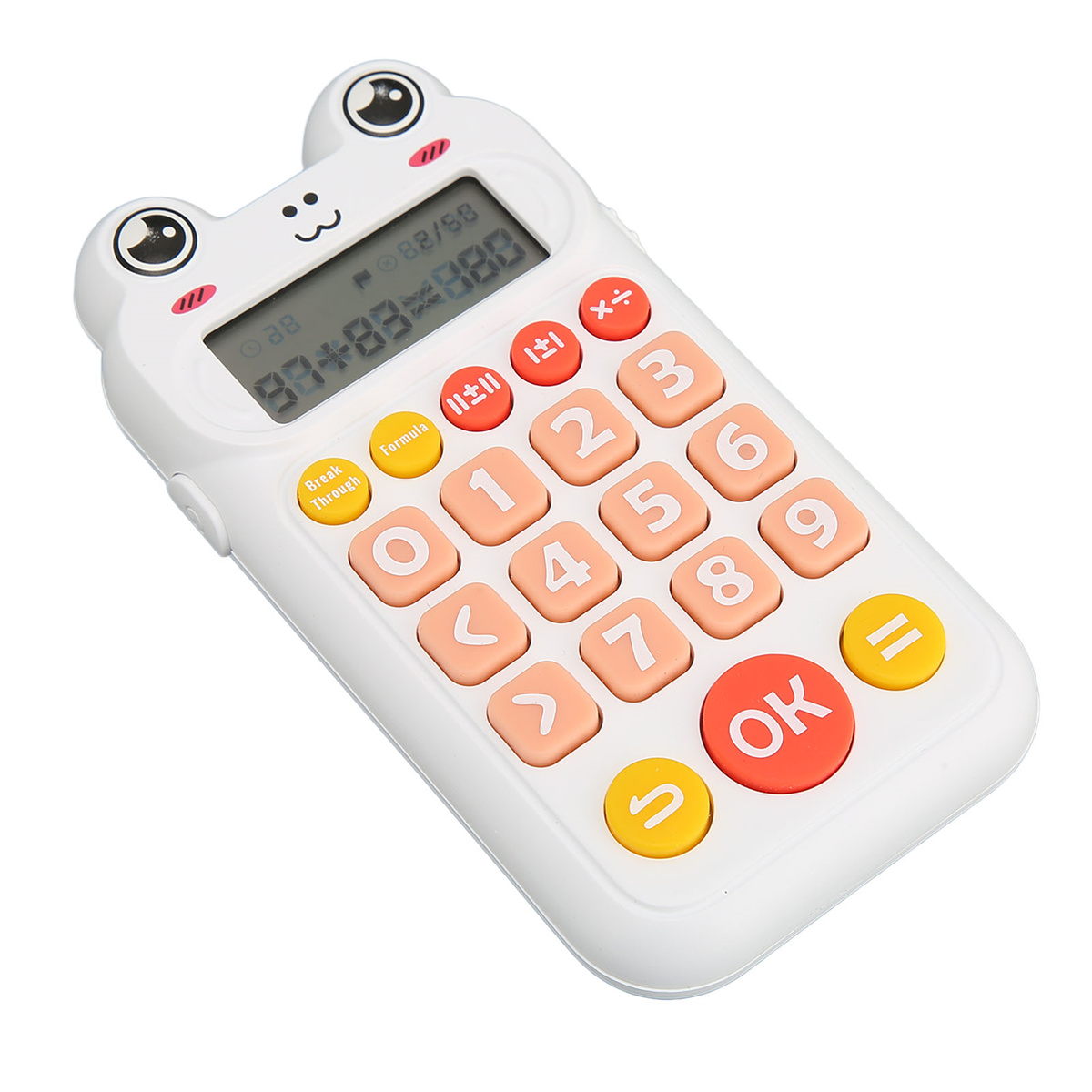 Weißer, froschförmiger Taschenrechner mit Tasten und Display, das Zahlen anzeigt. Verspieltes Design.