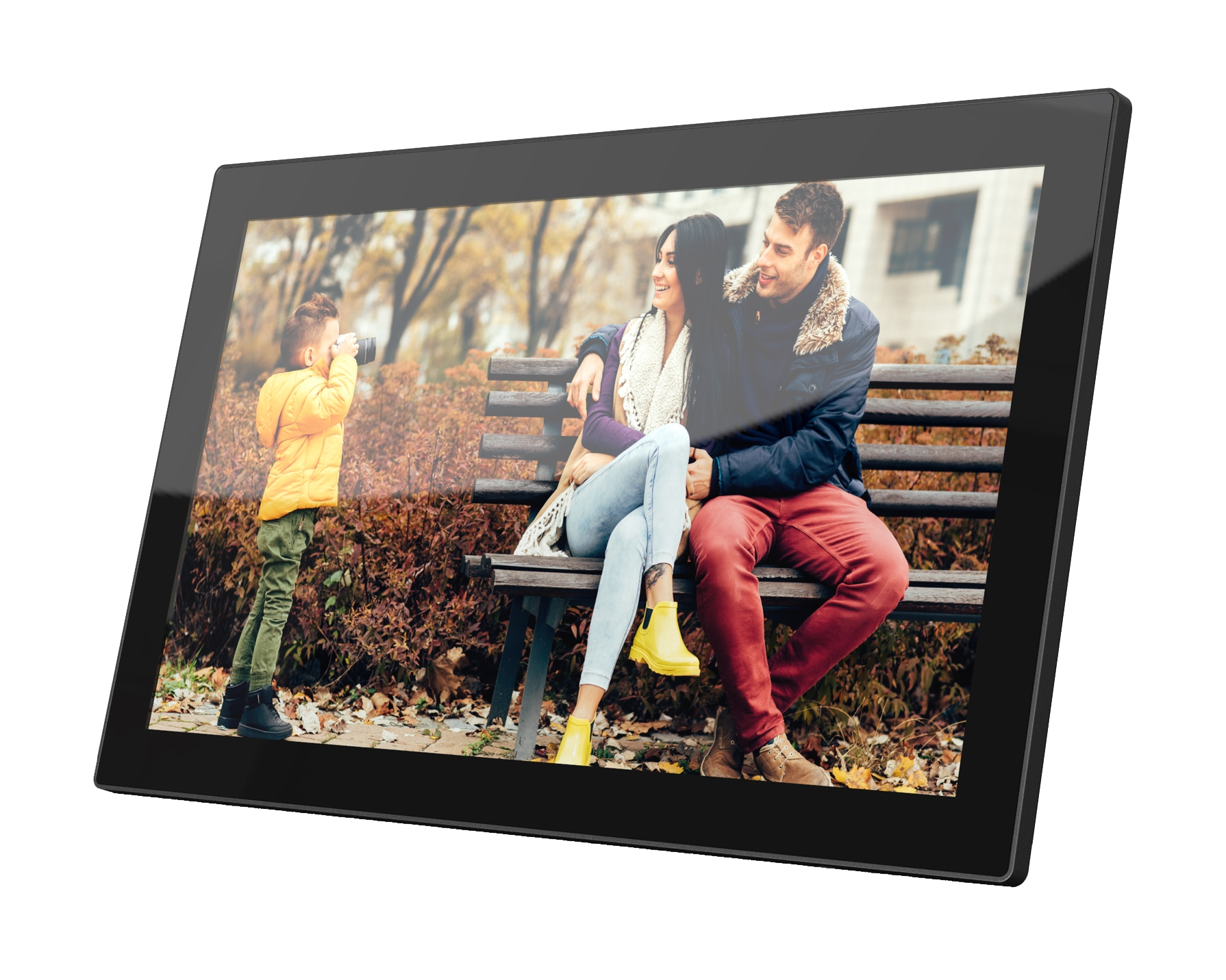 Fotorahmen zeigt Familie im Park. Kind fotografiert Eltern auf Bank.