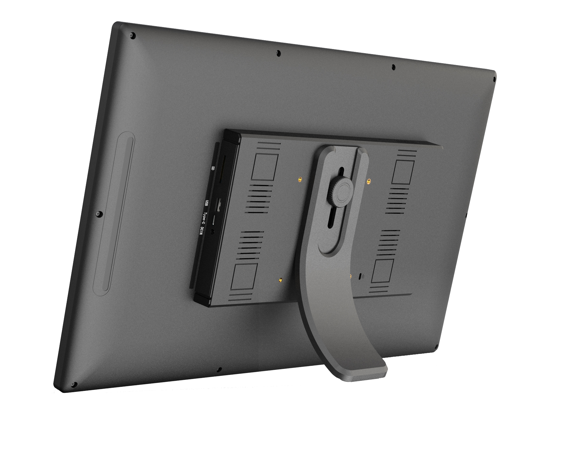 Rückseite eines schwarzen Monitors mit Ständer. Es hat einen USB-Anschluss und andere Anschlüsse.