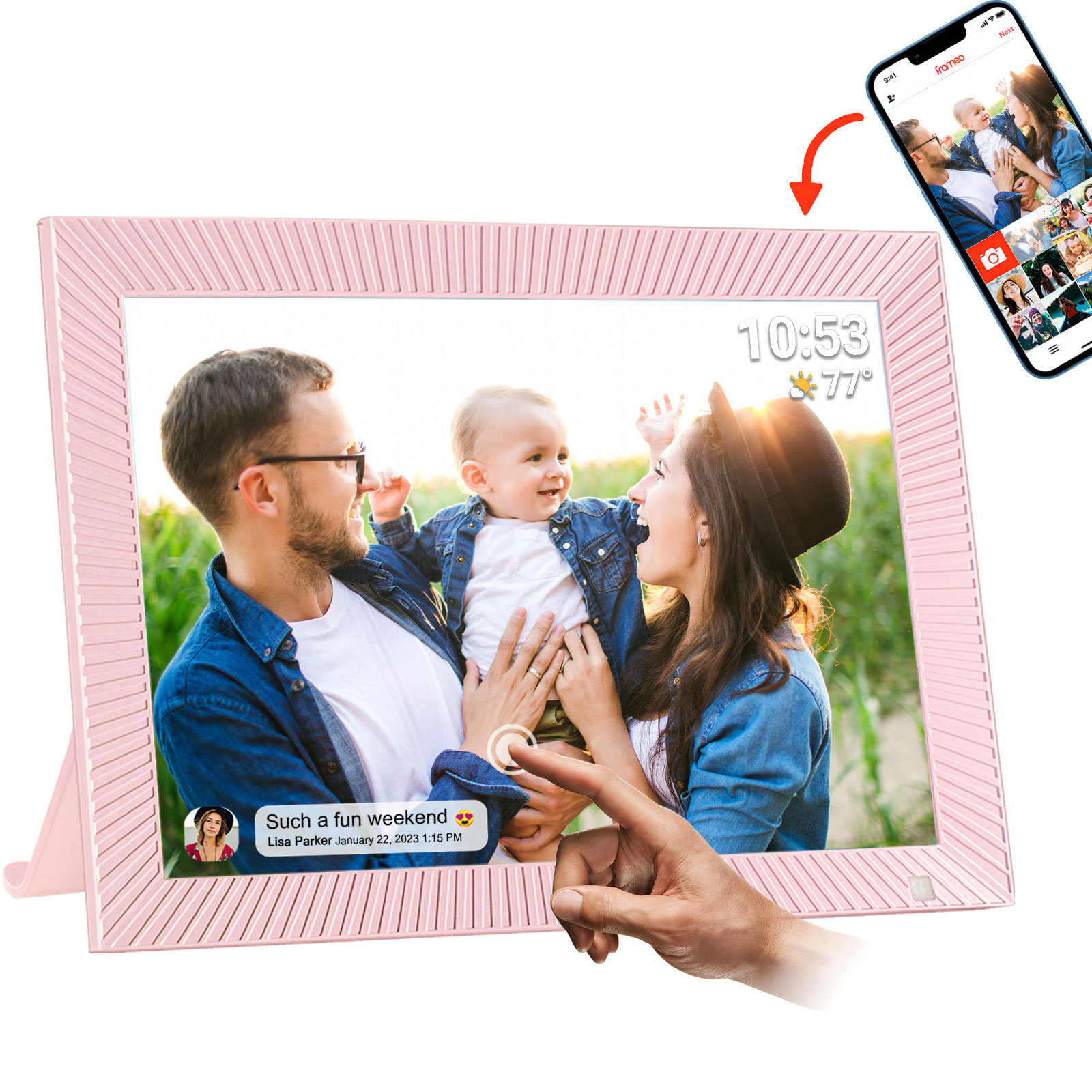 Ein rosa digitaler Bilderrahmen zeigt ein Familienfoto. Ein Telefon zeigt ein verwandtes Bild.