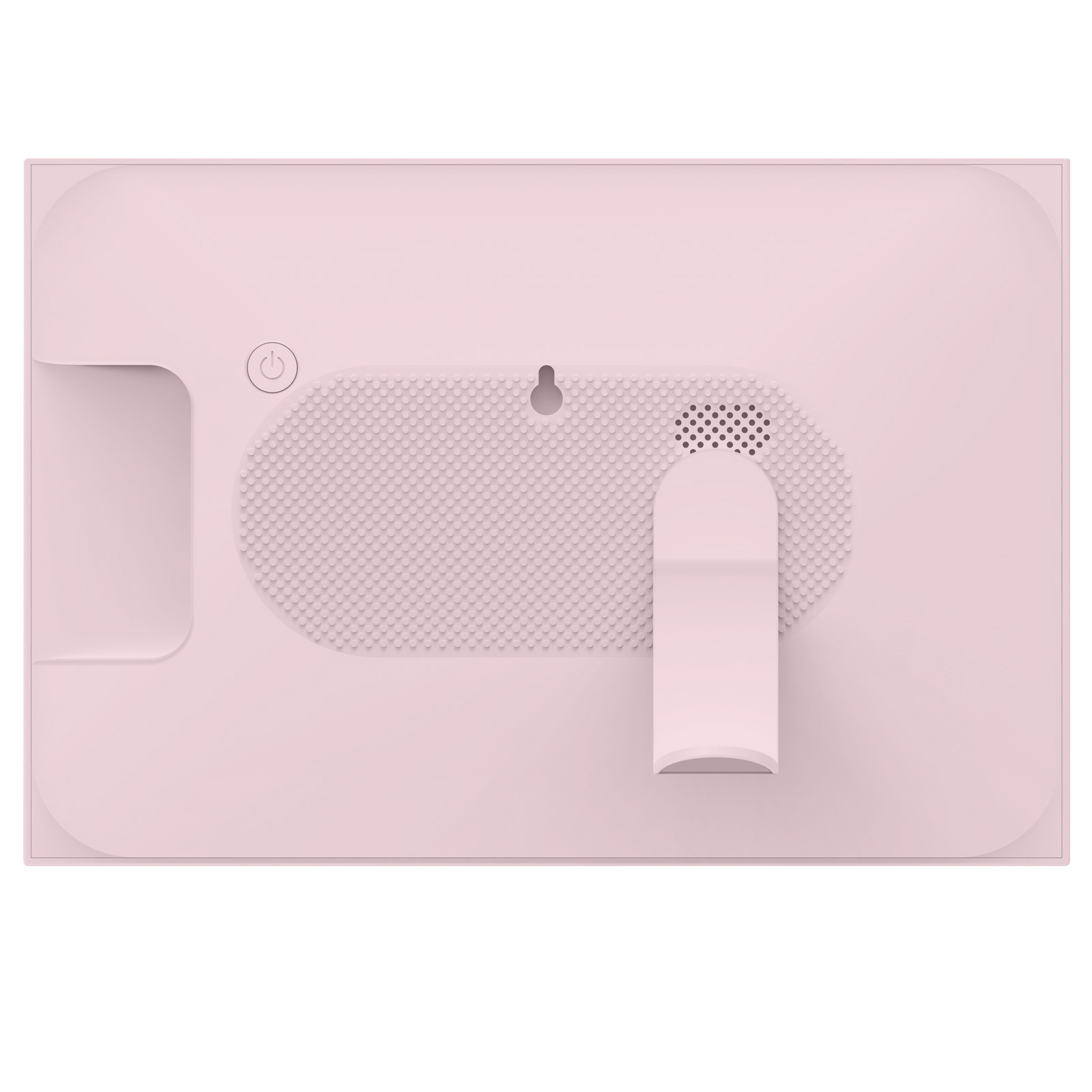 Rückseite eines digitalen Fotorahmens in Rosa. Ein kleiner Einschaltknopf, ein Lautsprecher und ein Ständer sind sichtbar.