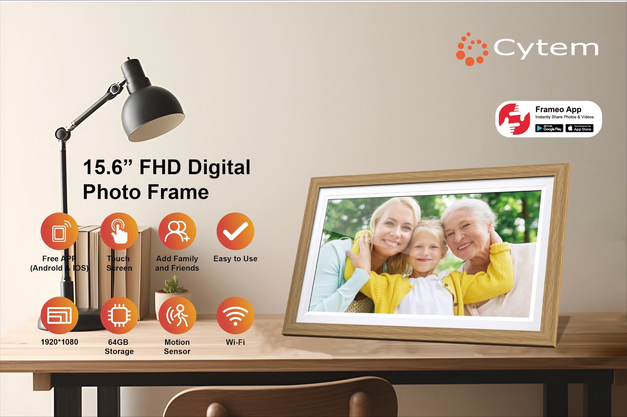 Digitaler Bilderrahmen auf einem Schreibtisch mit Foto und Symbolen.