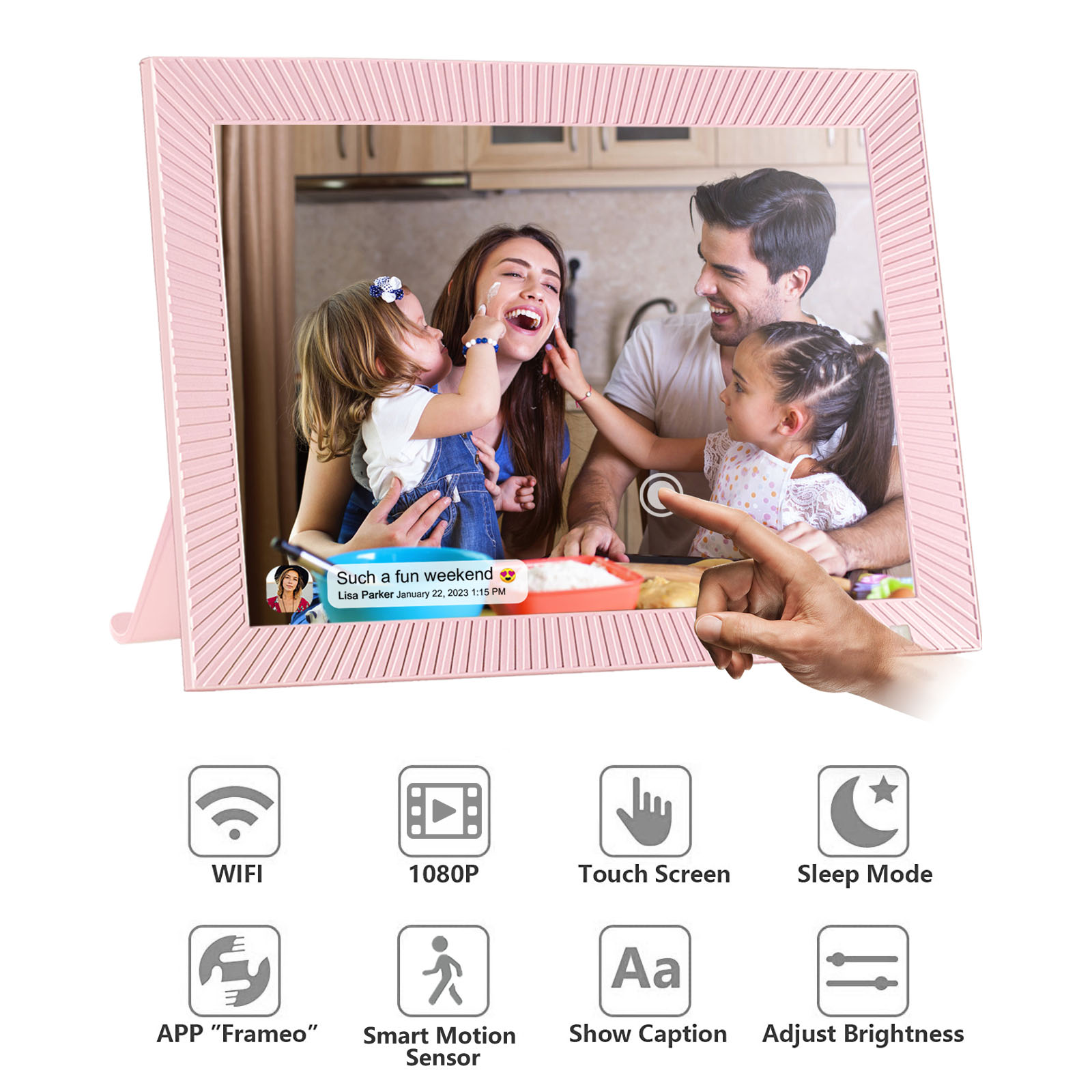 Ein rosa Bilderrahmen mit einem Familienfoto. Menschen lachen. Symbole für WIFI, 1080p und andere Funktionen befinden sich unten.