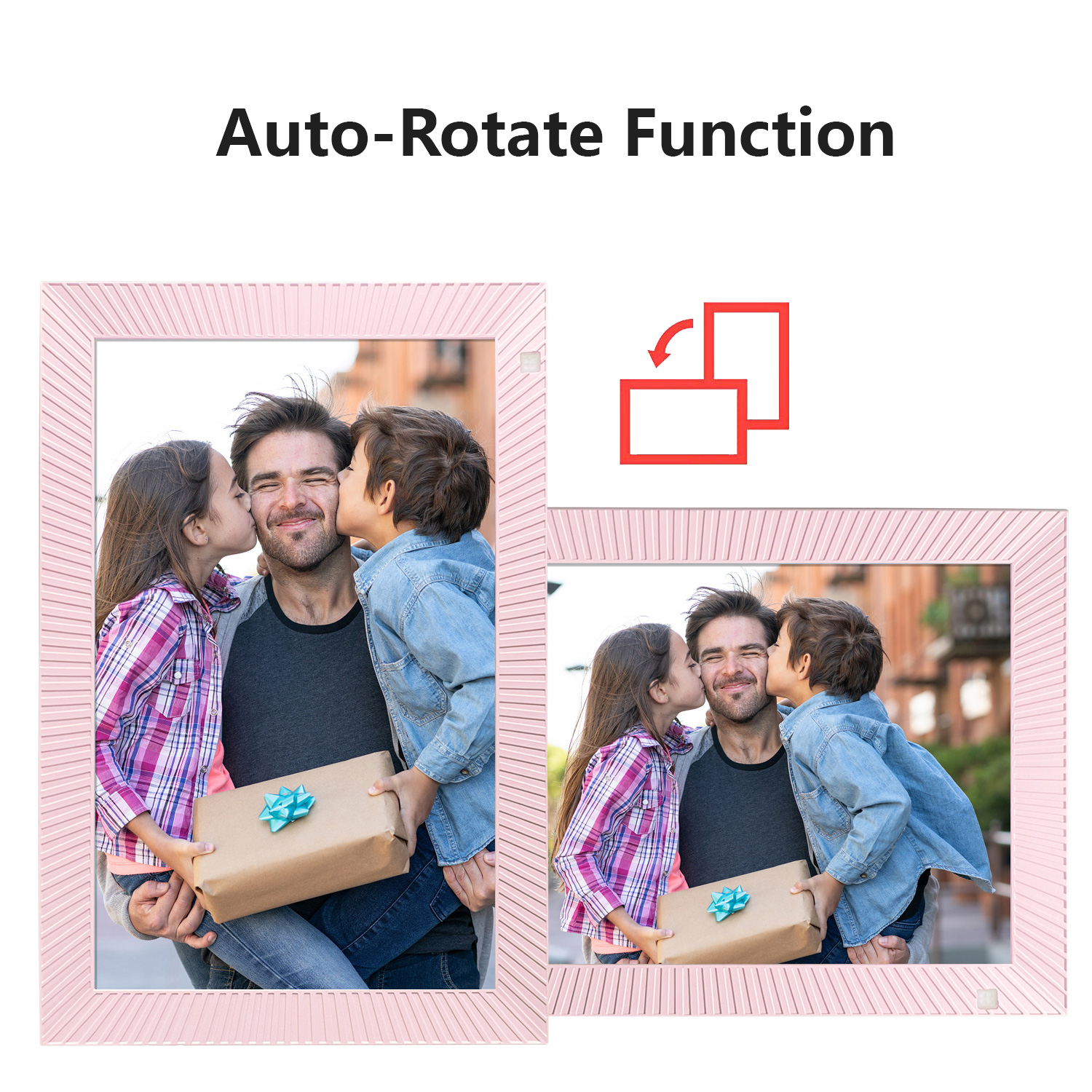 Zwei rosa Fotorahmen mit einer küssenden Familie, mit Autodrehsymbol.
