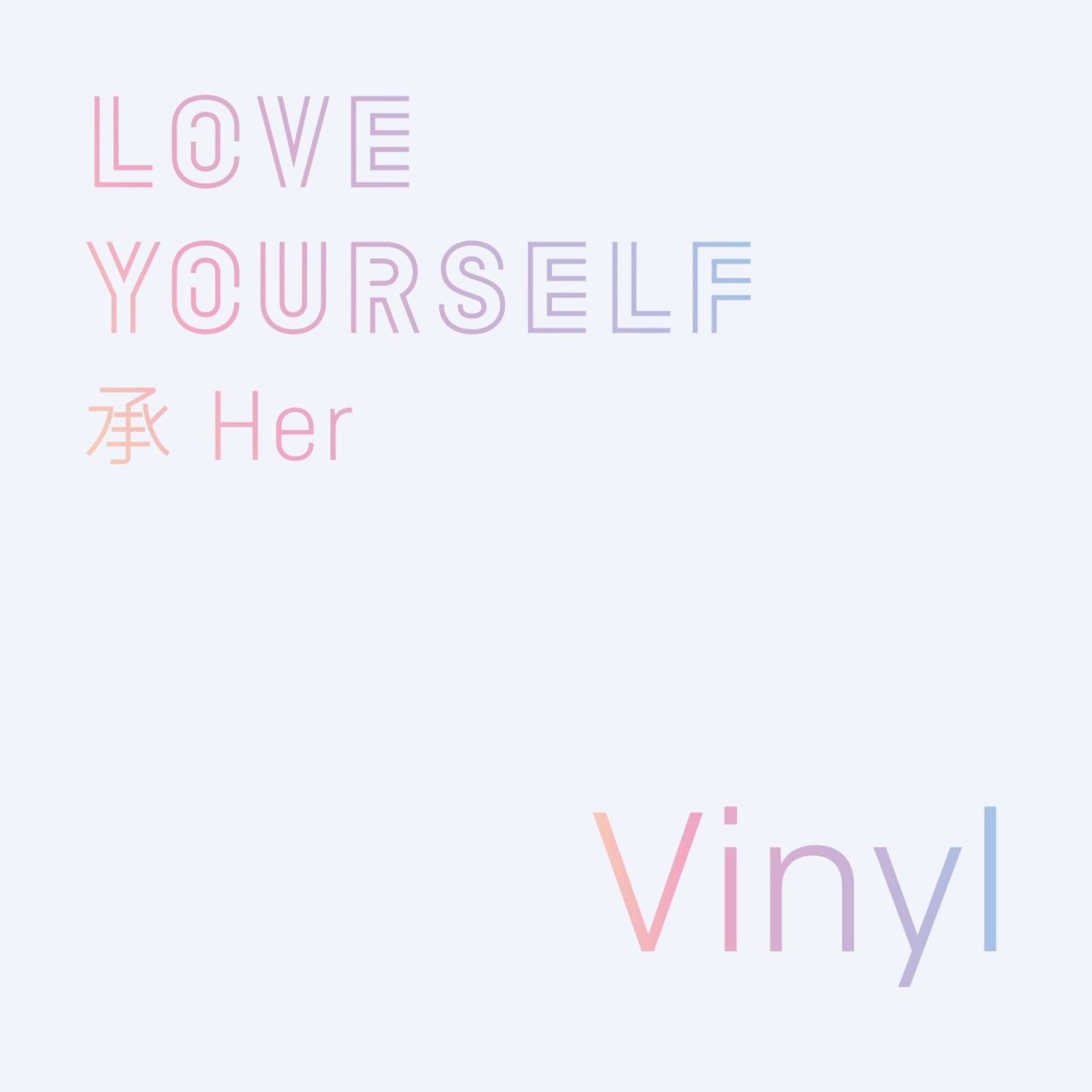 Albumhoes met pastelkleuren, het woord 'LOVE YOURSELF' bovenaan en 'Vinyl' onderaan.