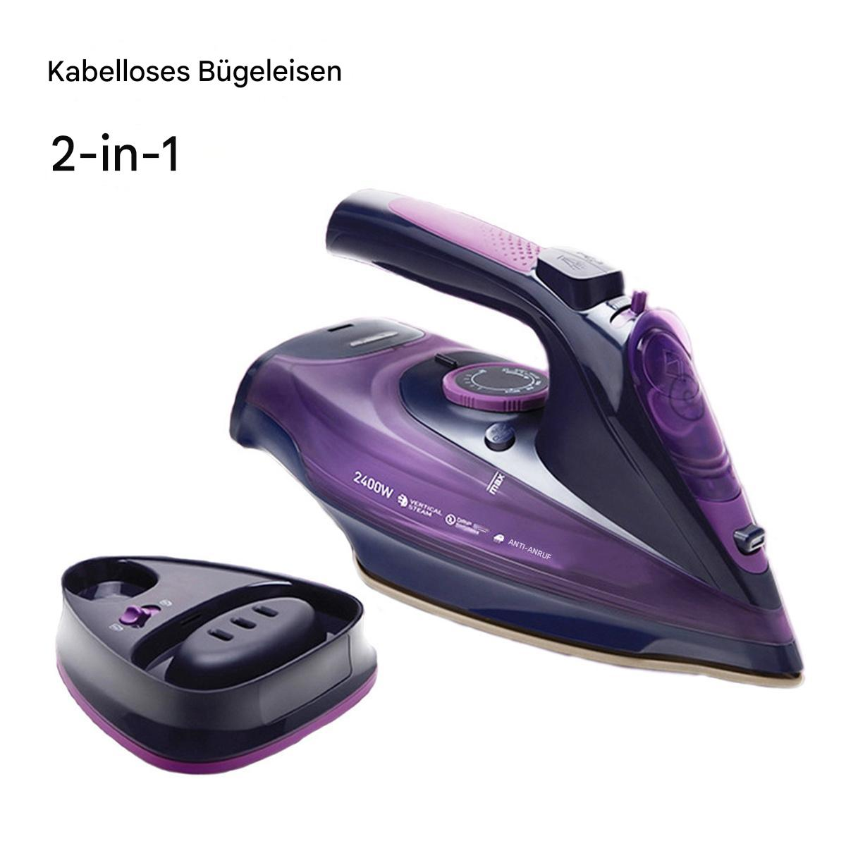 Ein lila Bügeleisen mit Ladestation. Das Bügeleisen hat den Text 2400W. Es ist kabellos.