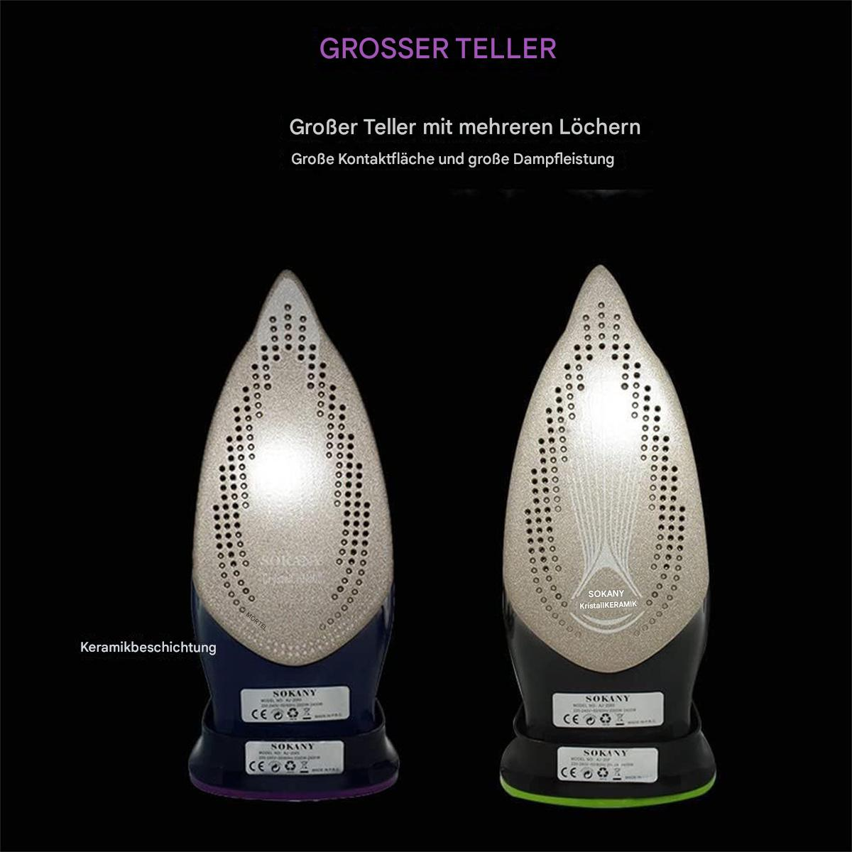 Zwei Bügeleisen mit Keramikbeschichtung. Der Text lautet: Größere Platte mit mehr Löchern und größerer Fläche.