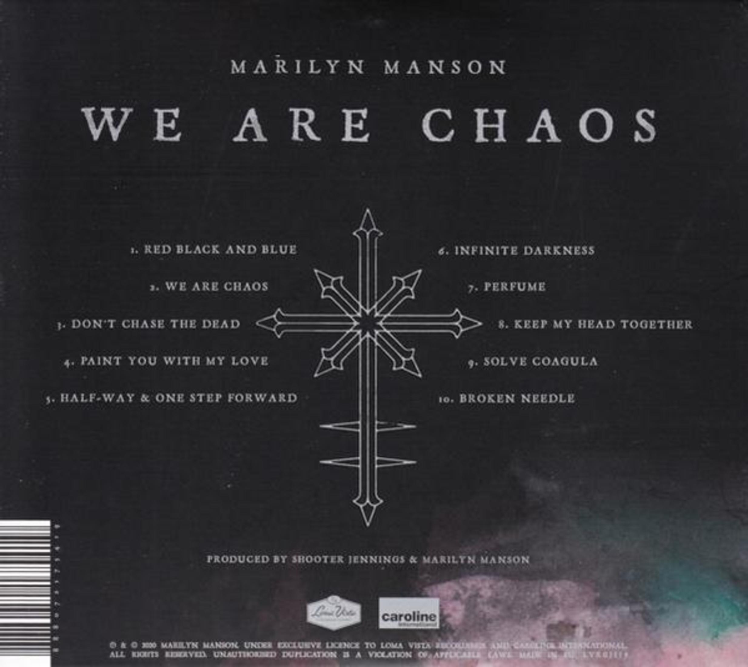 Okładka albumu "We Are Chaos" Marilyn Manson. Czarne tło z białym tekstem i krzyżopodobną grafiką.