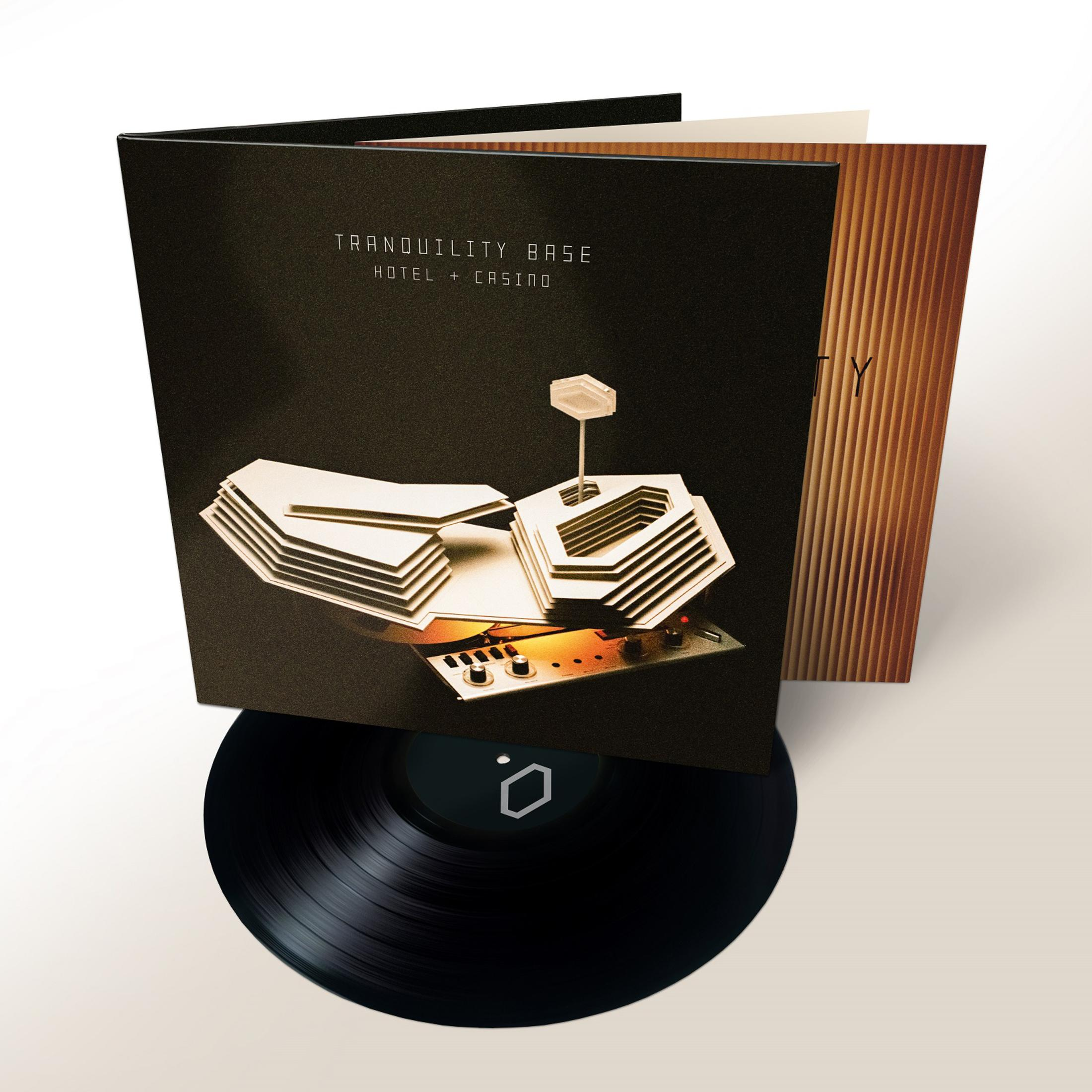 Vinyl albumhoes met een zwarte plaat en een open hoes.